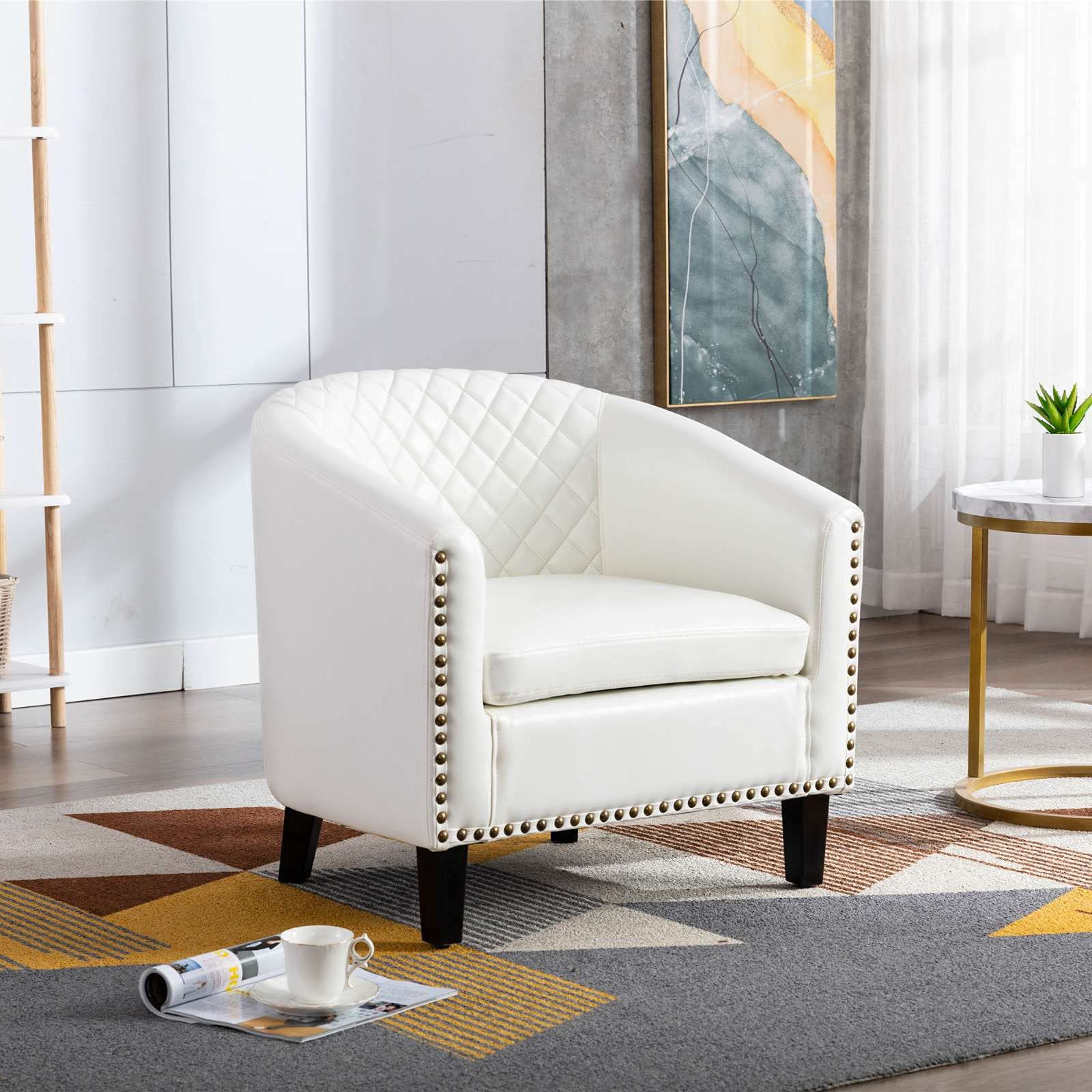 Luxury Club Chair with Nailhead Trim & Solid Wood Legs - Comfortable Arm Barrel Chair for Living Room, Bedroom - Perfect for Reading Nook, Home Office or Lounge Area