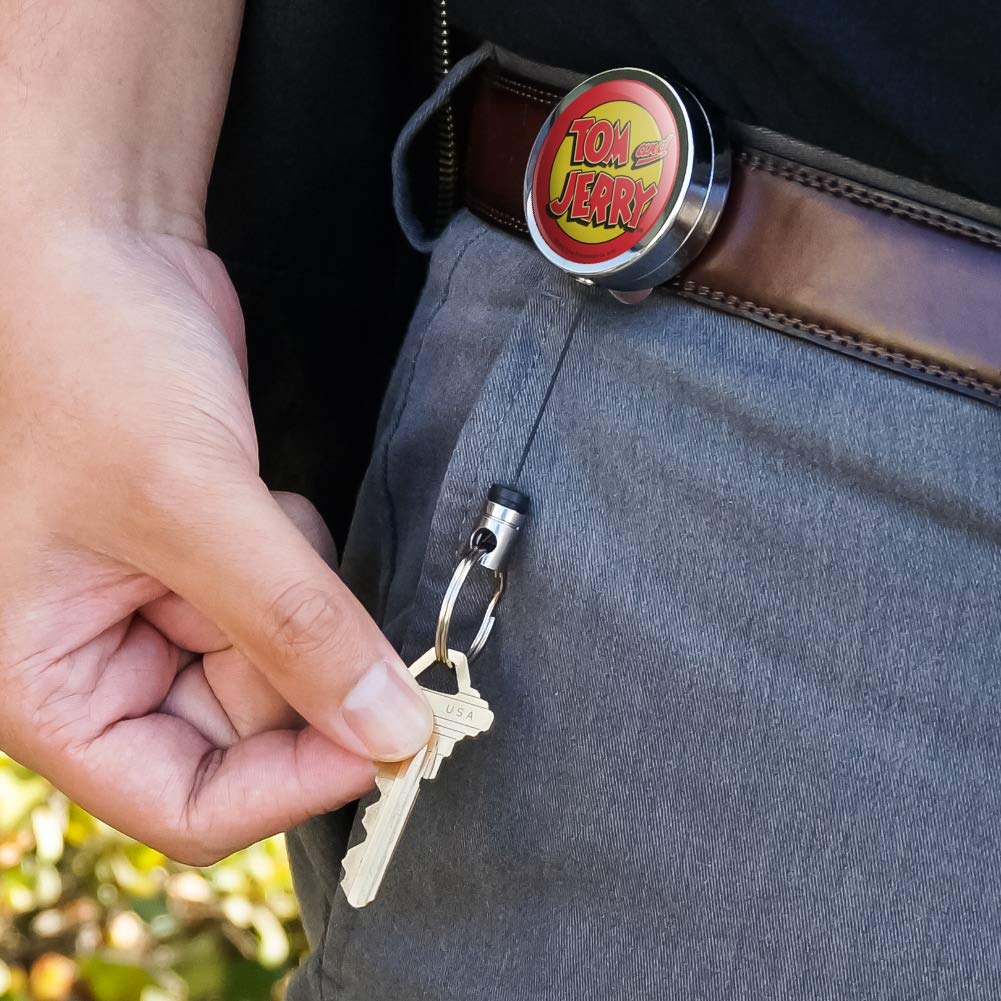 Tom and Jerry Logo Heavy Duty Metal Retractable ID Badge Holder - Key Card Reel with Belt Clip for Work, Office, School, and Security Access