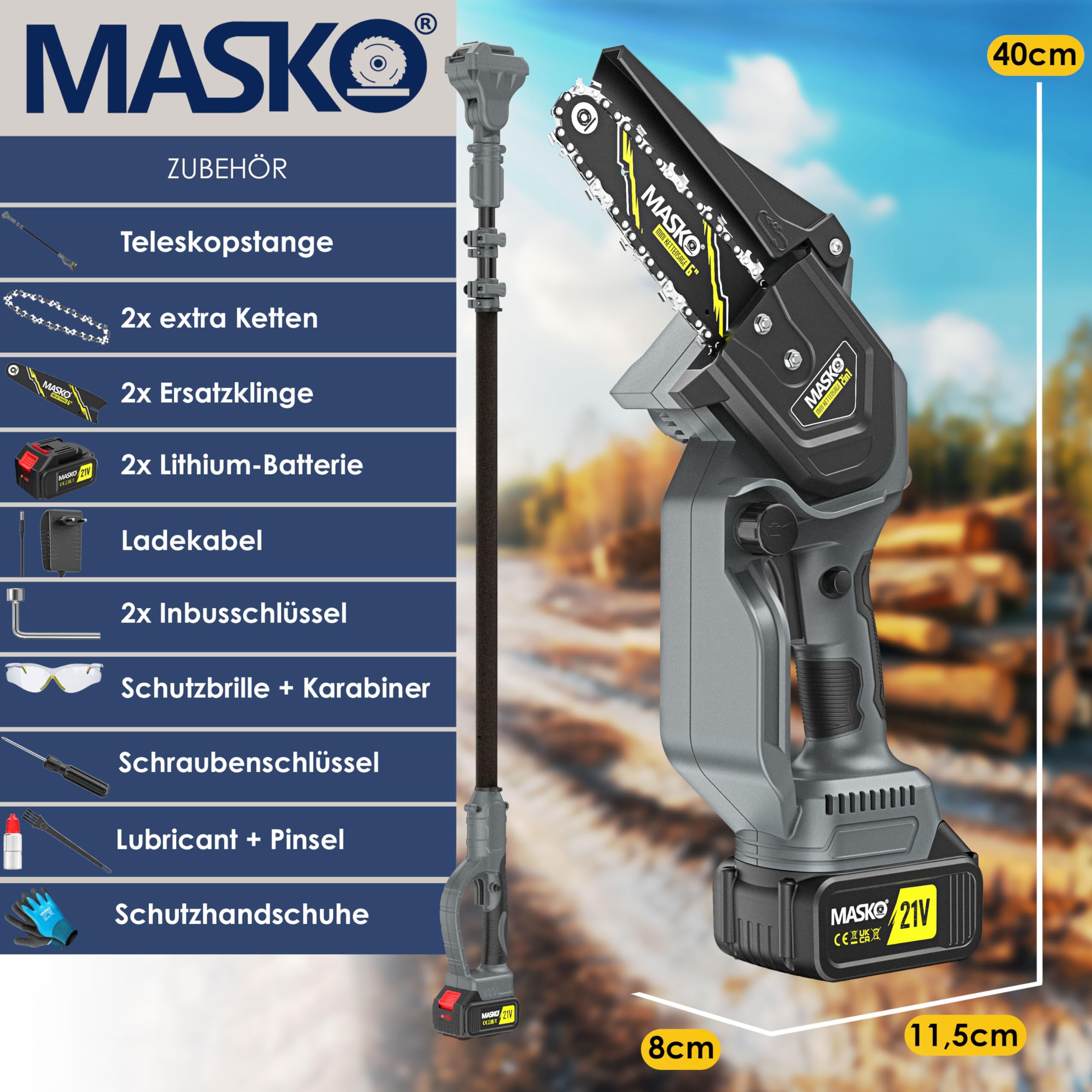 MASKO® 6-Inch Mini Chainsaw with 8000mAh Battery - 800W Electric Hand Chainsaw with 2×4000mAh Batteries & Automatic Oil System for Wood Cutting, Garden Shears, Loppers & Tree Trimming | Perfect for DIY Projects, Yard Work & Home Improvement