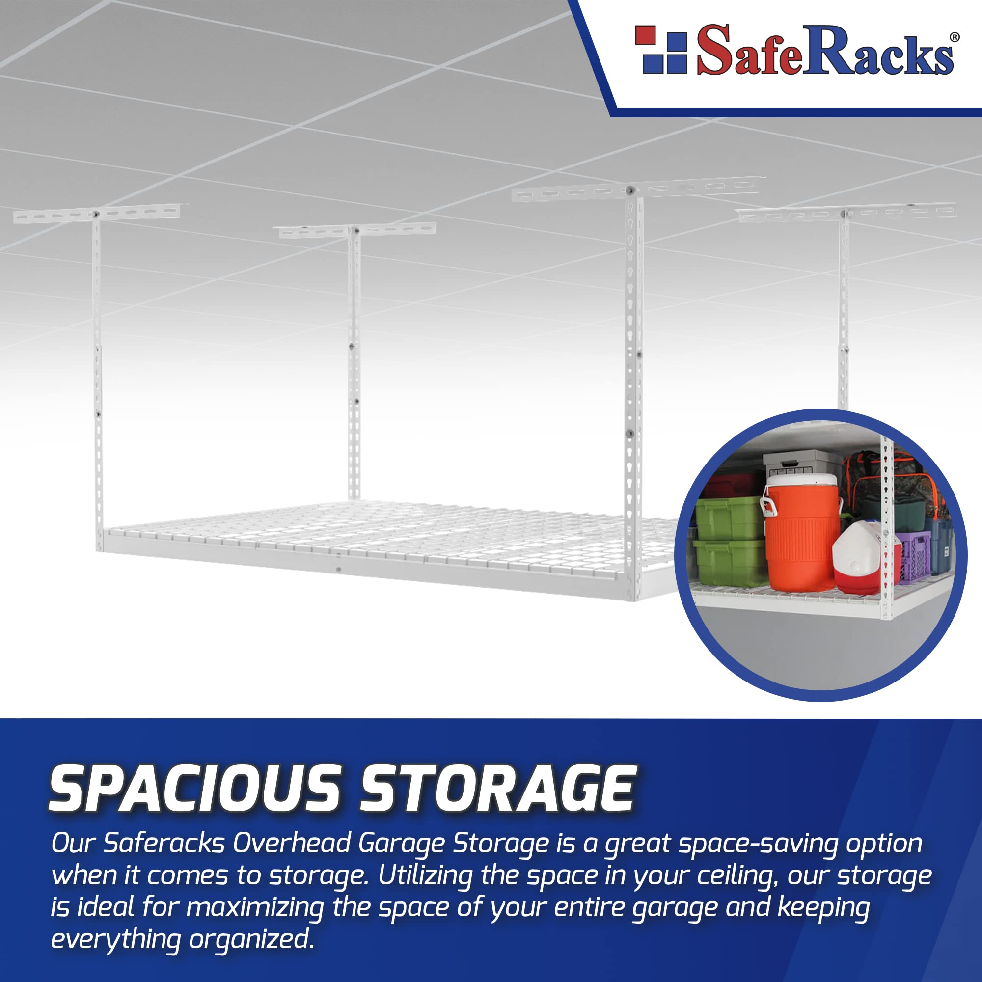 SafeRacks 4x6 Overhead Garage Storage Rack - Heavy Duty Adjustable Steel Ceiling Storage System (500lb Capacity, White, 24