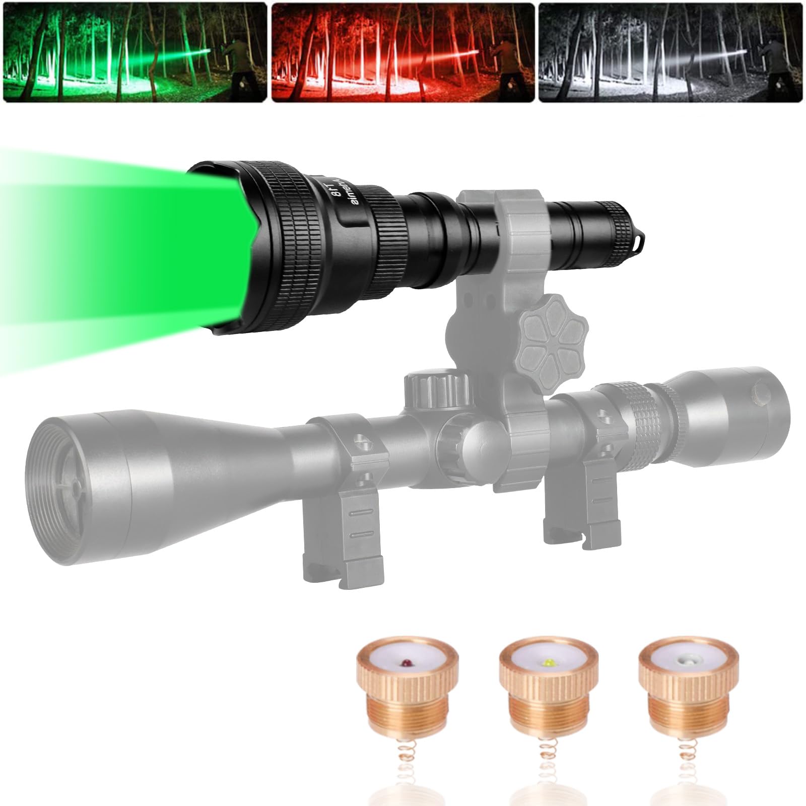 Brinyte T18 Zoomable LED Hunting Flashlight - Red, Green, White Light Modes, IPX6 Waterproof, Long Range Tactical Light for Hog, Coyote, Coon & Varmint Hunting | Perfect for Night Hunting, Camping & Outdoor Adventures