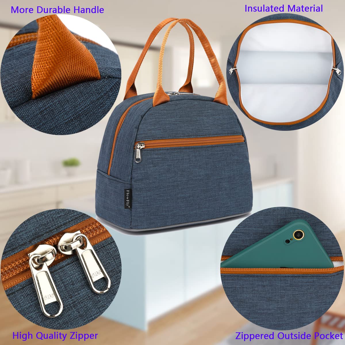 FlowFly Insulated Lunch Bag Tote - Reusable Cooler Lunch Organizer for Women & Men - Navy Blue - Perfect for Work, School, Picnics & Outdoor Activities