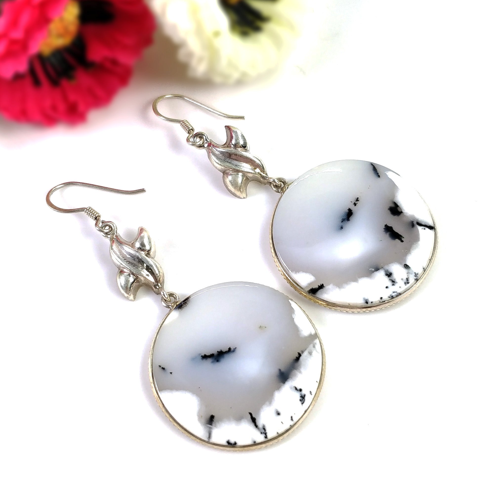 Botswana Agate Gemstone Earrings - 17.15g Natural 925 Sterling Silver Bi-Color Round Bezel Set Drop Dangle Hook Earrings (2.5 Inches) | Elegant Jewelry for Women, Perfect for Parties, Weddings & Special Occasions