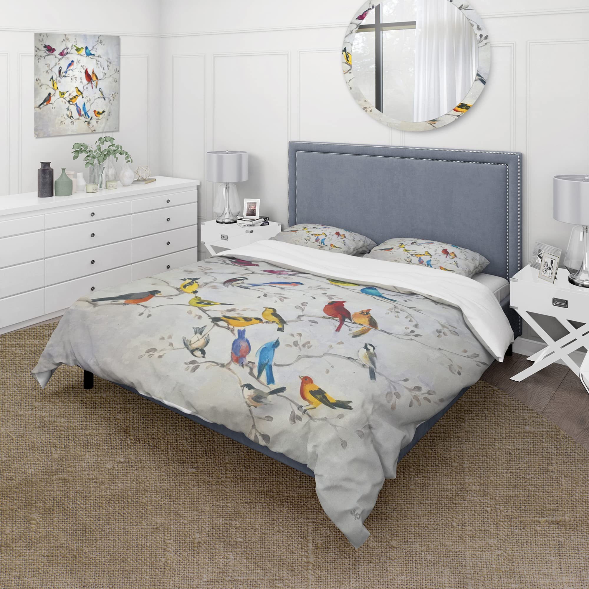 DesignQ Multi-Color Bird on Tree Farmhouse Duvet Cover Set - Queen Size 3-Piece Country Charm Bedding | All Season Comfort for Cozy Bedroom, Guest Room & Vacation Home Decor