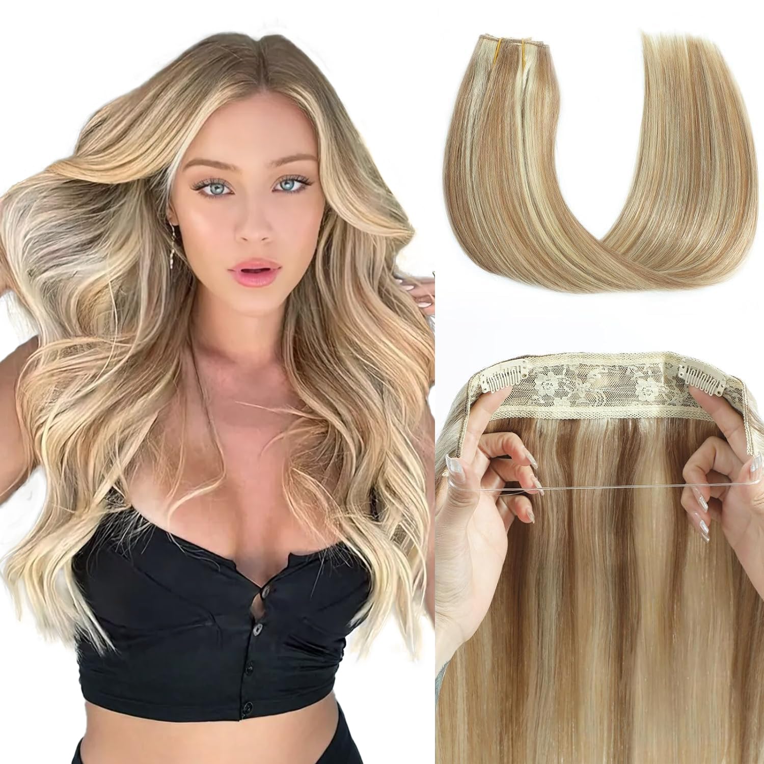 Tinashe 16-Inch Real Human Hair Straight Extensions - 80g Light Blonde with Golden Blonde Highlights, Invisible Wire Fish Line Clip-Ins for Seamless Blending | Perfect for Daily Wear, Parties & Special Occasions