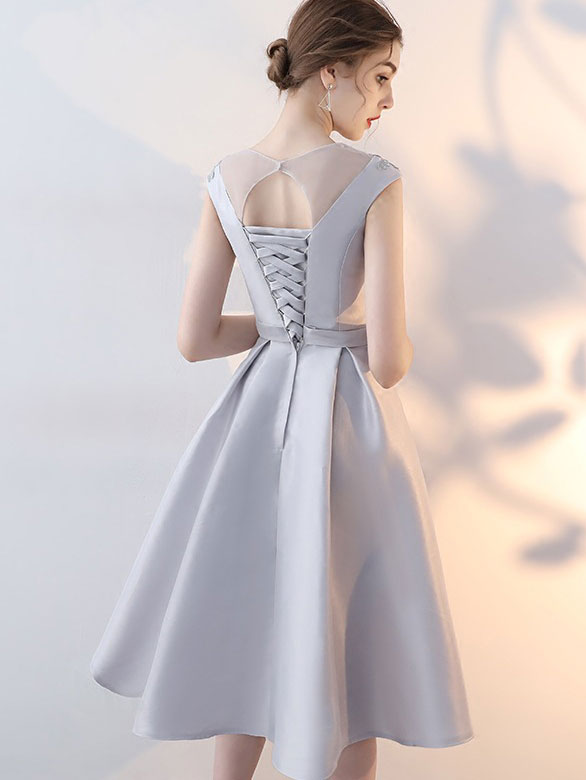 Elegant Gray Blue Fit & Flare Party Dress with Applique Embroidery - Perfect for Weddings, Cocktail Parties & Special Occasions