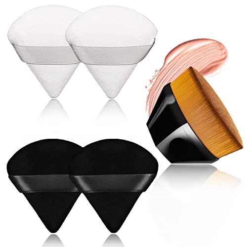 4+1 Pieces Velour Powder Puff & Kabuki Brush Set - Soft Triangle Makeup Sponges for Under Eyes & Corners, Flawless Loose Powder Application - Perfect for Professional Makeup & Travel Beauty Kit