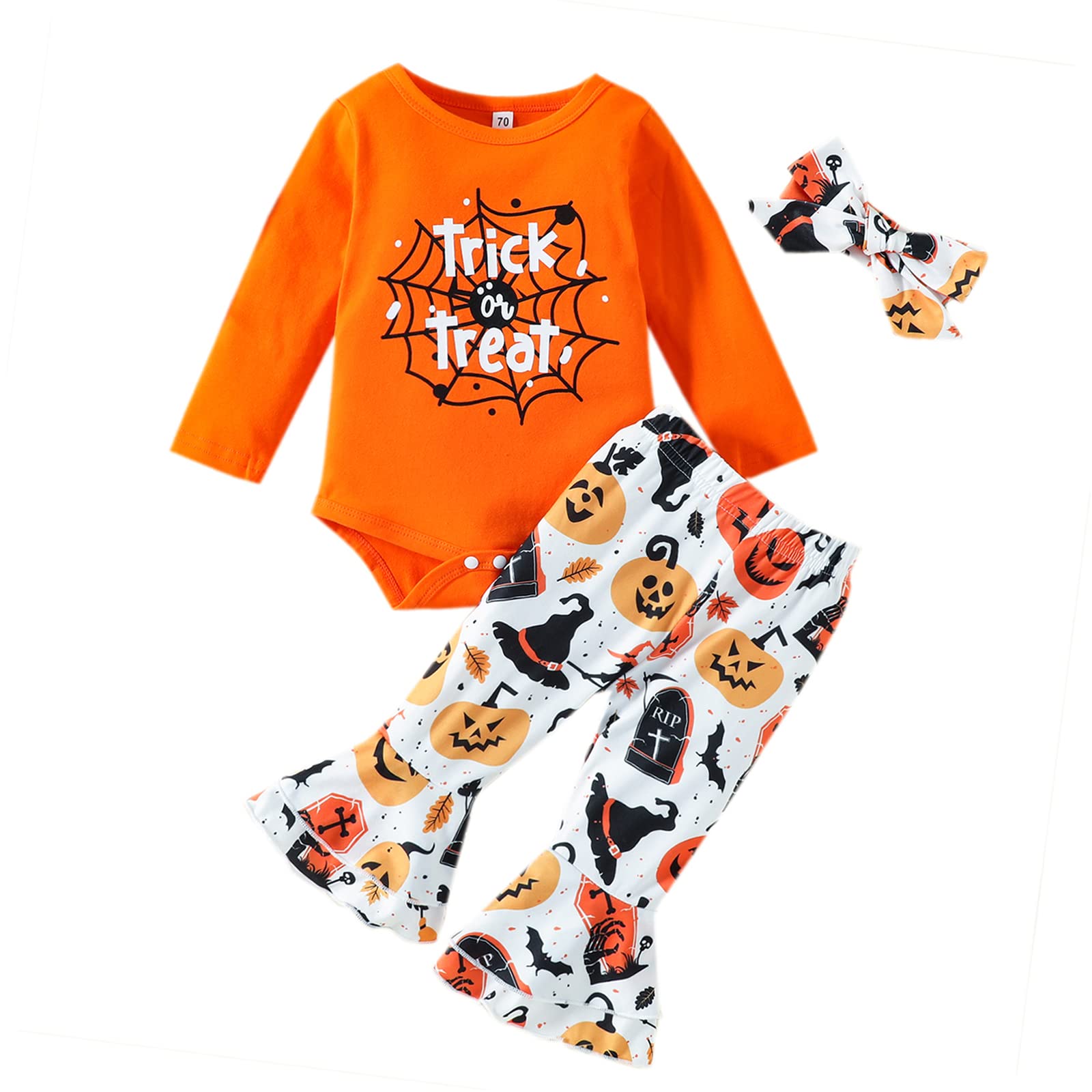 Frietlebird Newborn Baby Girl Halloween Outfit - Long Sleeve Romper with Bell Bottom Pants | My First Halloween Costume | Fall Baby Clothes for Photo Shoots & Trick-or-Treating