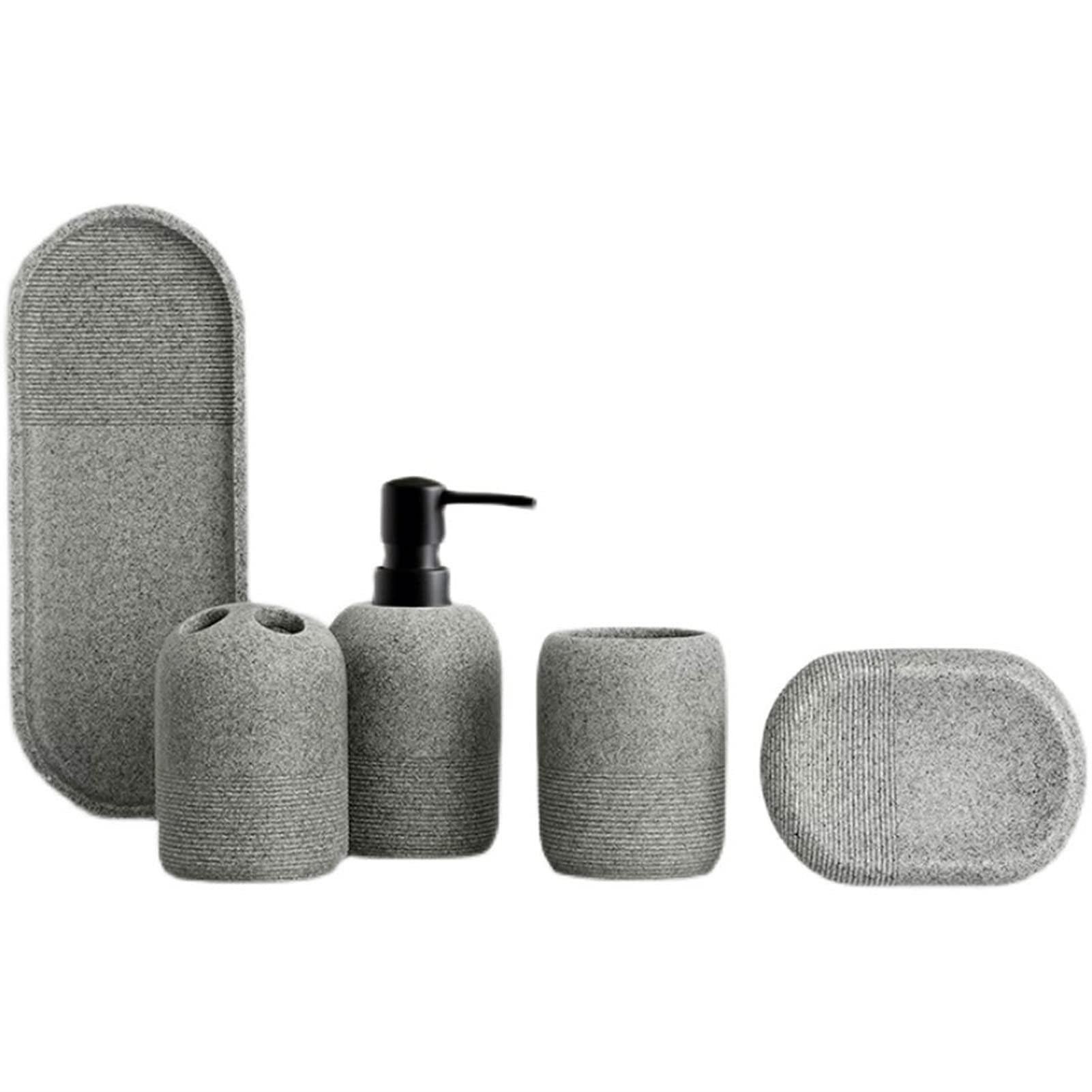 Refillable Liquid Hand Soap Dispenser Set - 5 Piece Resin Bathroom Accessories Kit with Soap Dispenser, Toothbrush Holder, Tumbler, Soap Dish & Tray - Perfect for Modern Bathrooms, Guest Baths & Spa Style Decor
