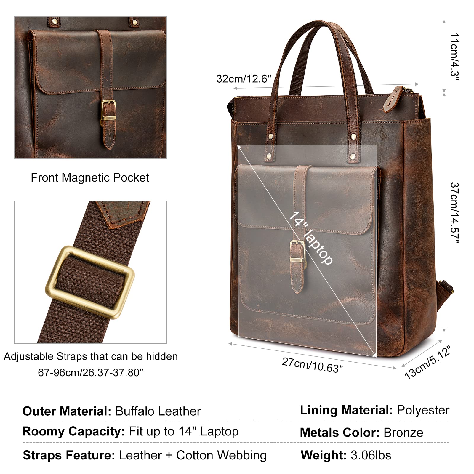 S-ZONE Women's Genuine Leather Backpack Purse - Vintage Retro Top Handle Tote Bag for Work, Travel & College | Durable Leather Backpack with Adjustable Straps