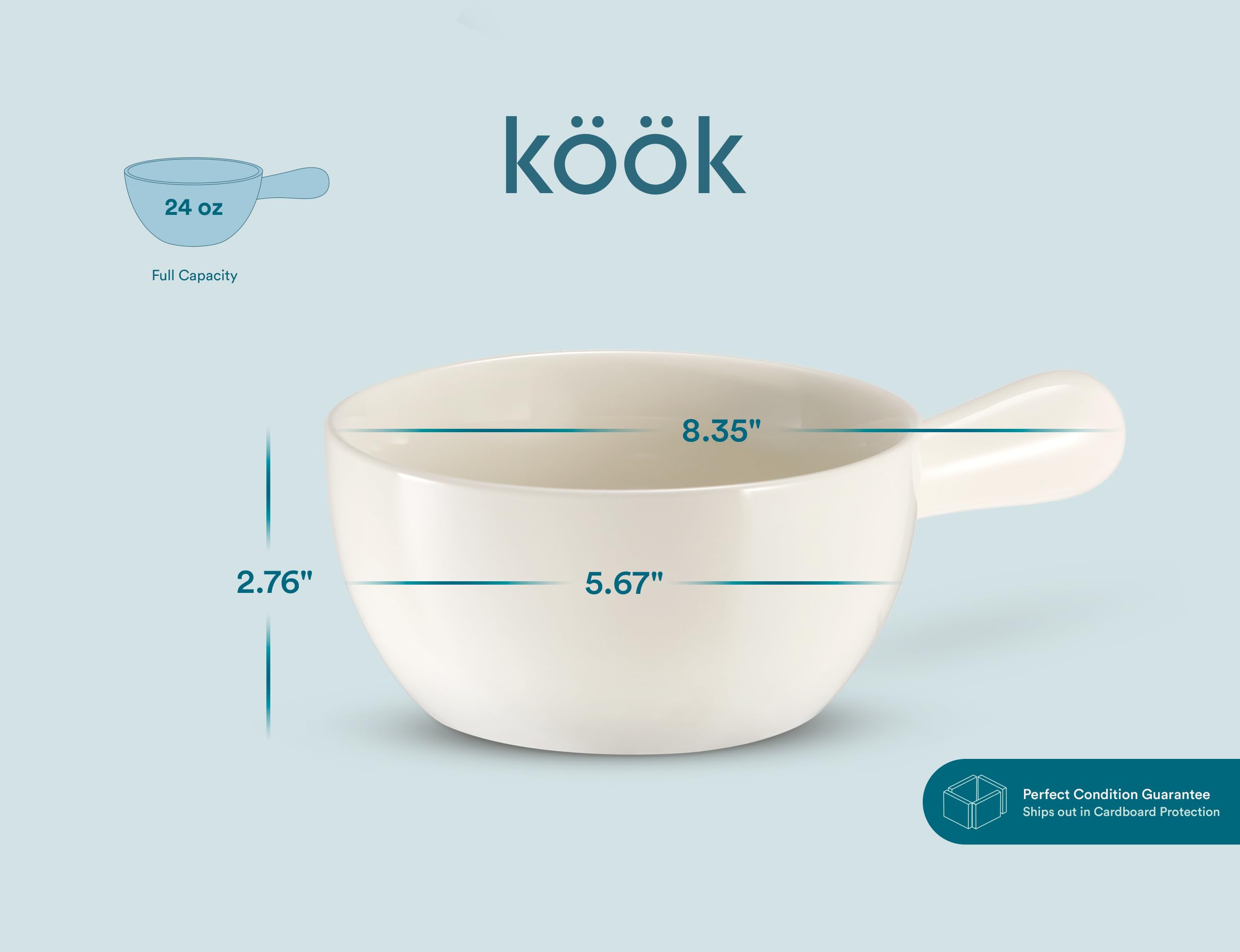 KooK French Onion Soup Crocks Set of 4 - 24oz Stackable Ceramic Bowls with Handles, Oven Safe, Microwave & Dishwasher Safe Stoneware - Perfect for Soups, Cereal, Casseroles, Baking & Serving - Elegant White Dinnerware for Restaurants & Home Dining
