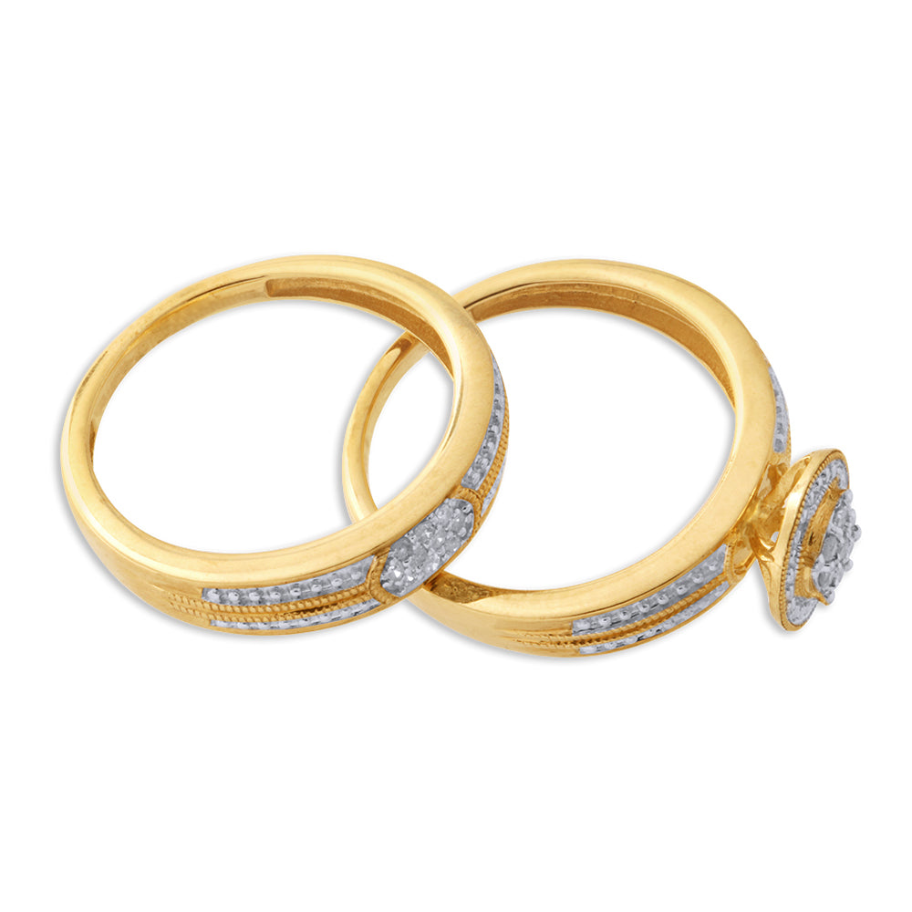 9ct Yellow Gold 2 Ring Diamond Bridal Set with 17 Diamonds - Perfect for Engagement, Wedding & Anniversary Gifts