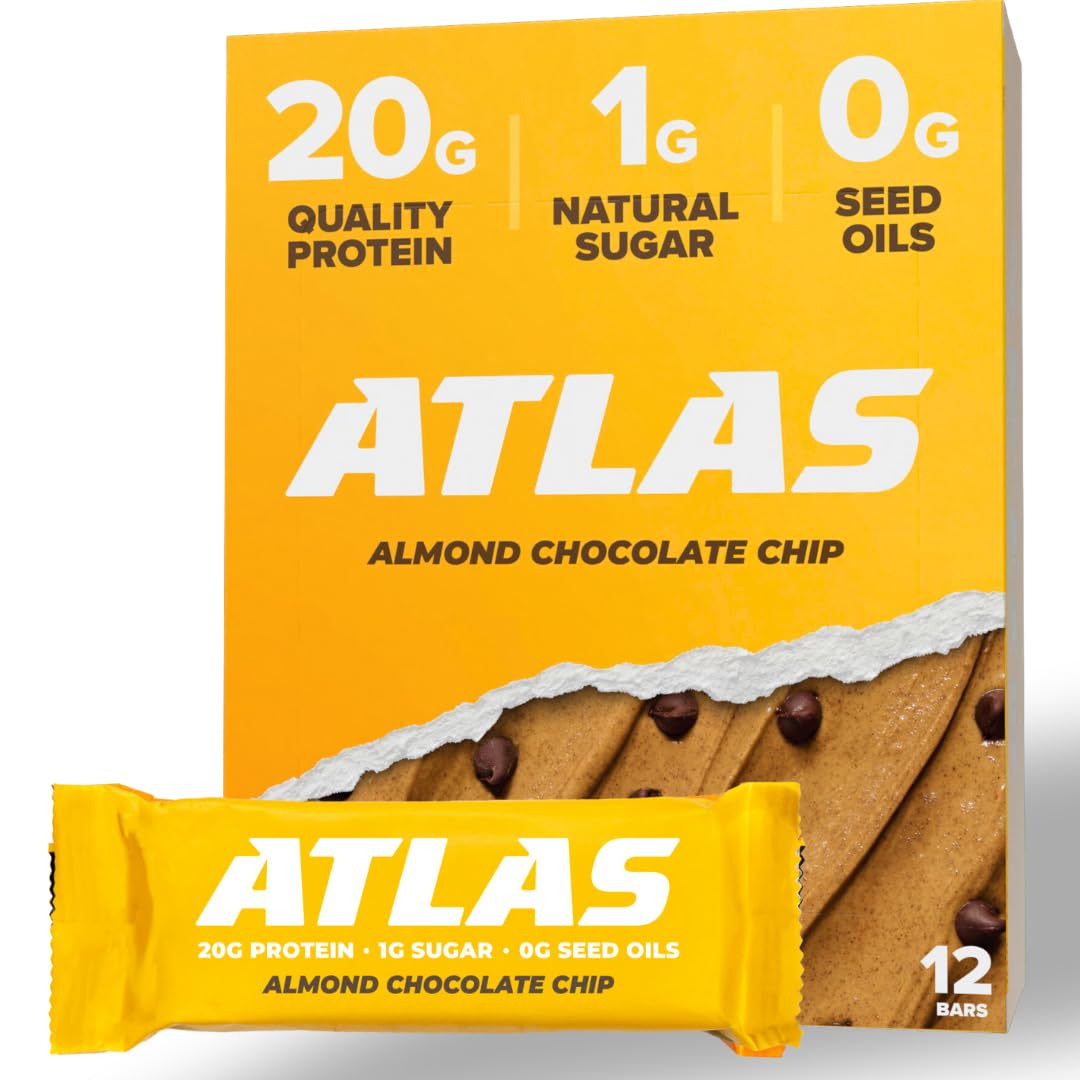 Atlas Protein Bar - High Protein Snack with 20g Protein, Low Sugar (1g), Gluten Free, Clean Ingredients - Almond Chocolate Chip Flavor (12 Count Pack) - Perfect for Gym, Hiking & Healthy On-the-Go Nutrition