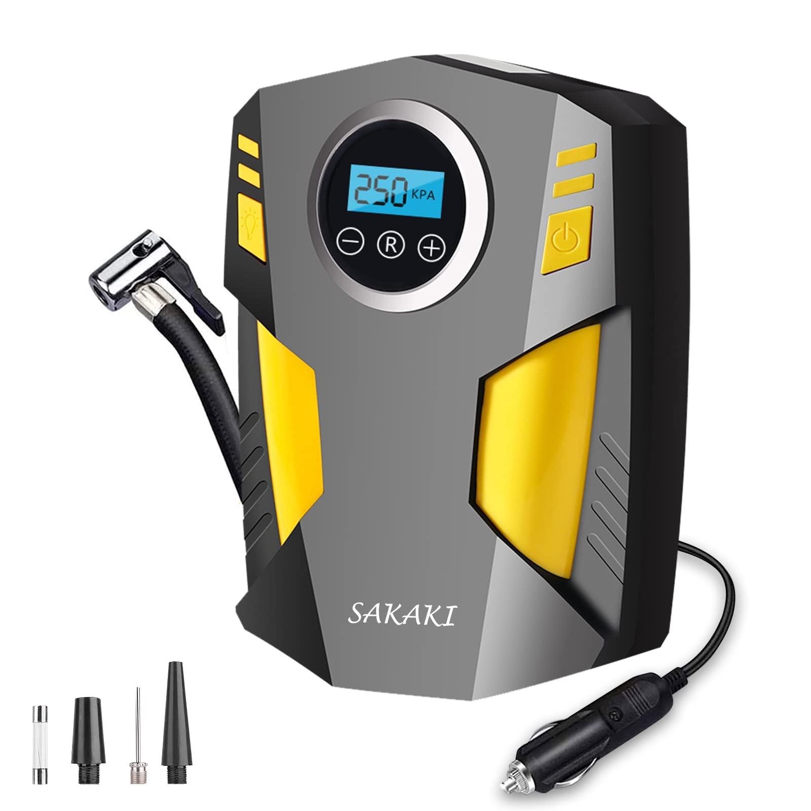 Portable 12V DC Electric Air Compressor for Car Tires - Digital LED Light, 3 Nozzle Adaptors - Fast Inflation for Cars, Bikes, Sports Balls & Inflatables (Yellow) - Perfect for Road Trips, Emergency Use & Home Maintenance
