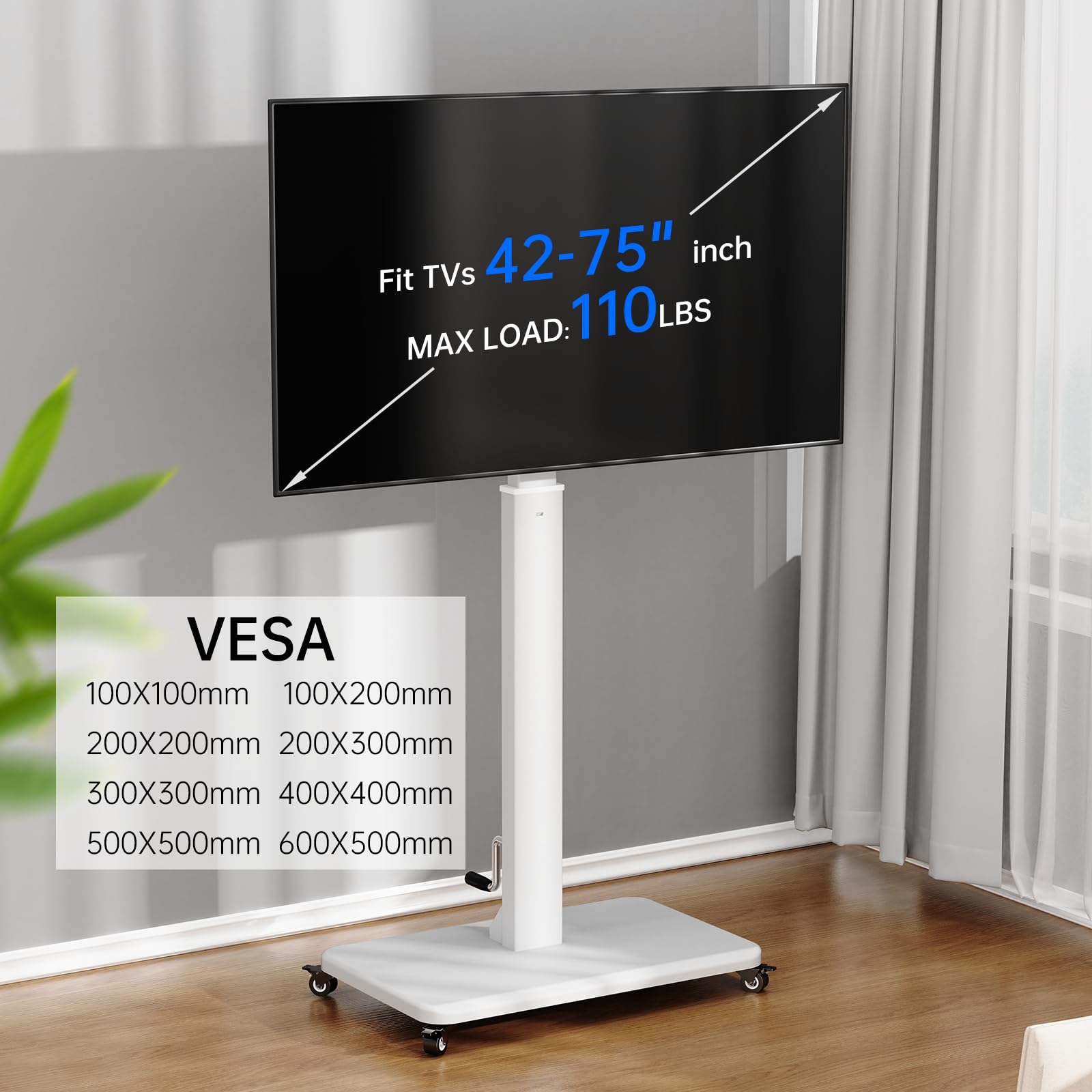 Adjustable Mobile TV Cart with Wheels - Stepless Lift Rolling Stand for 42-75 Inch TVs, 90° Rotation (Portrait/Landscape), 110lbs Capacity, Max VESA 600x500mm - Perfect for Living Rooms, Bedrooms & Home Theaters (White)