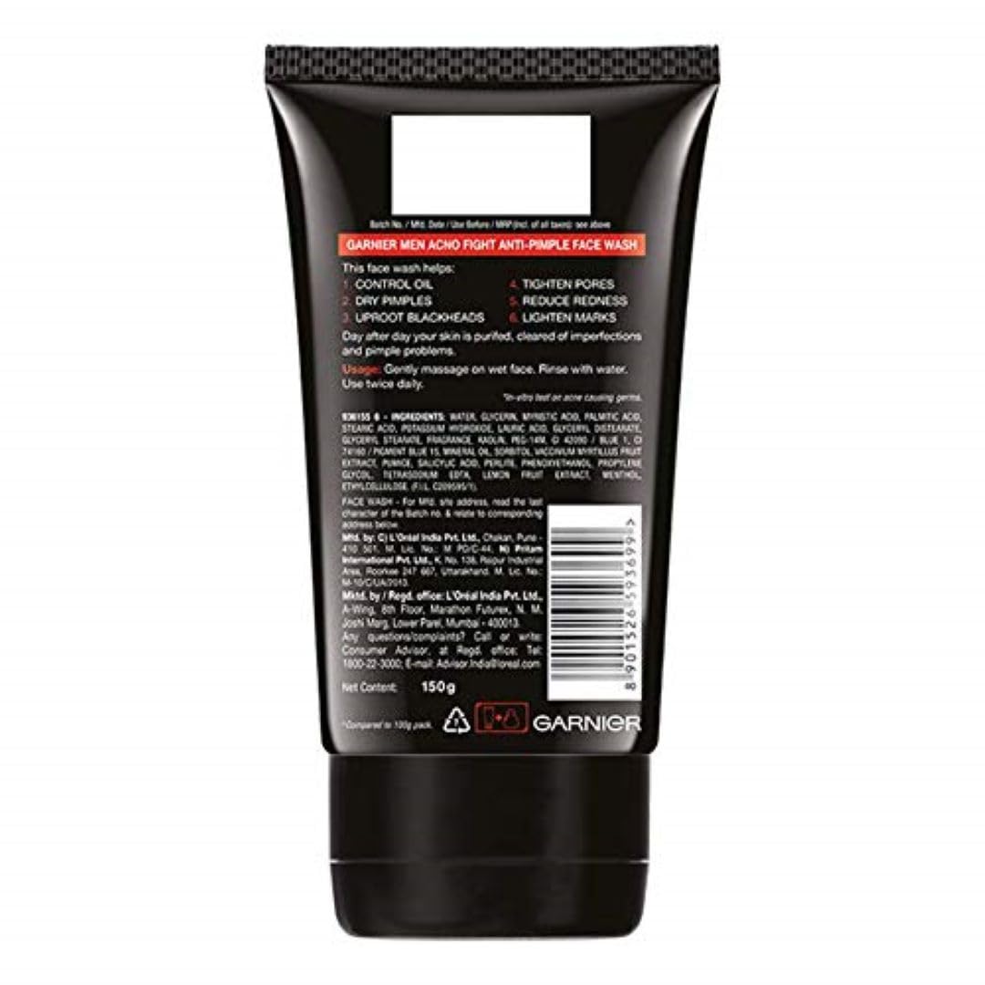 Garnier Men Acno Fight Anti Pimple Face Wash with Salicylic Acid & Herba Repair - 150g Oil-Free Cleanser for Acne-Prone Skin | Daily Use for Clear, Healthy Skin at Home or Gym