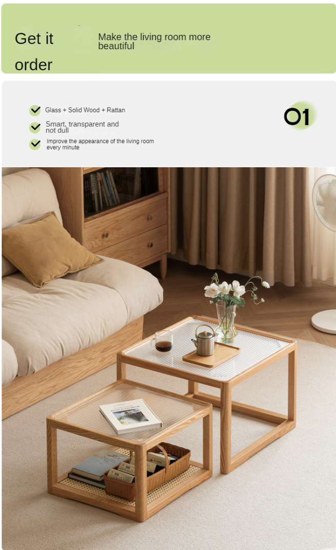 Solid Oak Wood Coffee Table with Glass Top and Rattan Shelf - Perfect for Living Room, Patio, or Outdoor Furniture Decor