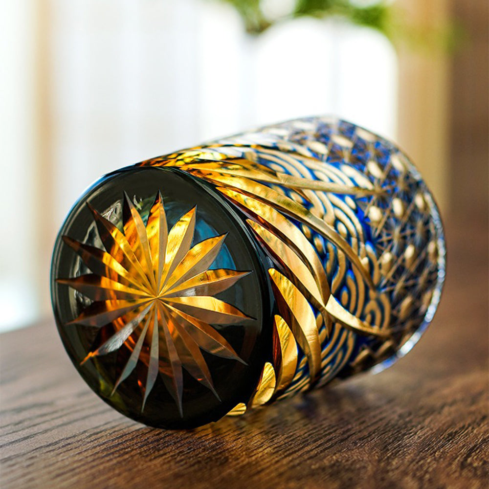 Handcrafted Edo Kiriko Amber Blue Whiskey Glass - Japanese Artisan Cut Crystal Cup for Whiskey, Tea & Cocktails - Elegant Drinkware for Home Bar, Gifts & Special Occasions