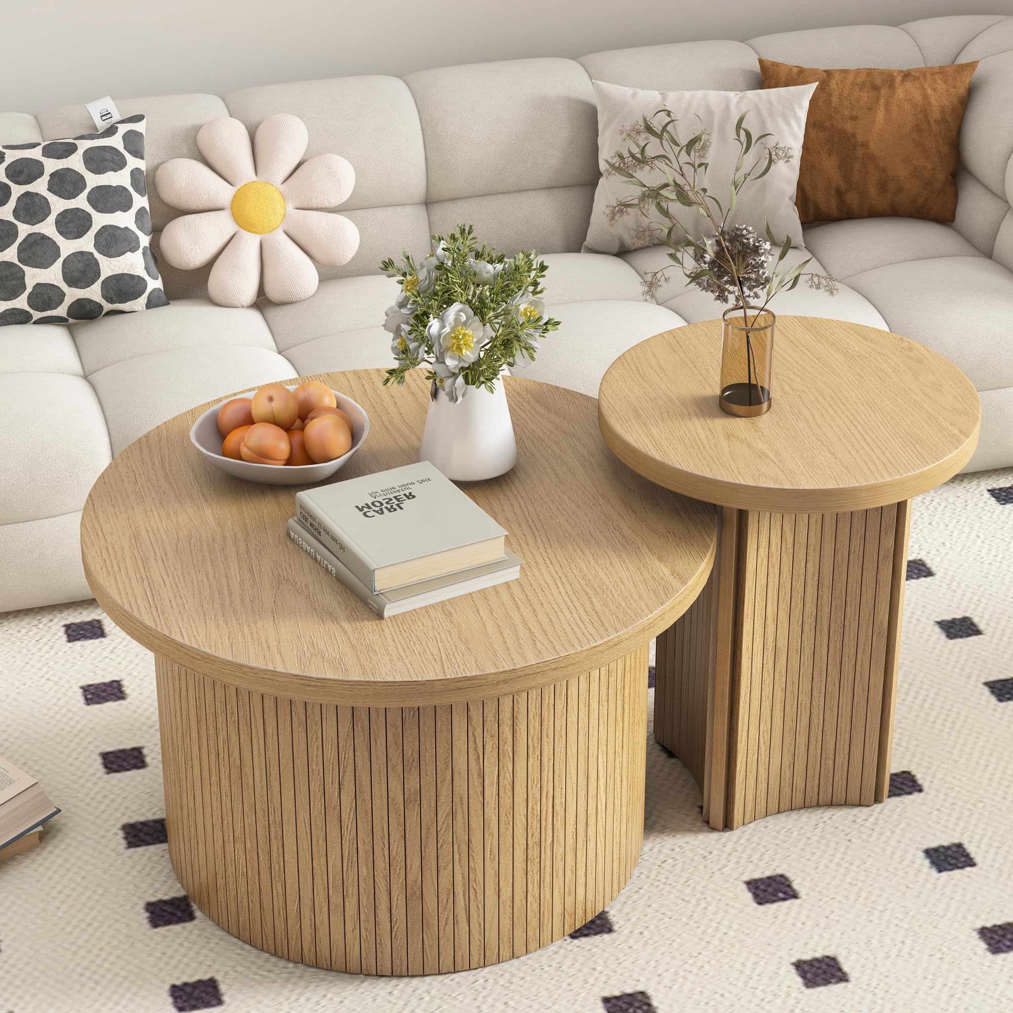 Round Nesting Coffee Table Set of 2 - Wood Finish Stackable Side Tables for Living Room & Bedroom - Rustic Modern Sofa Table - Perfect for Small Spaces, Home Decor & Coffee Time