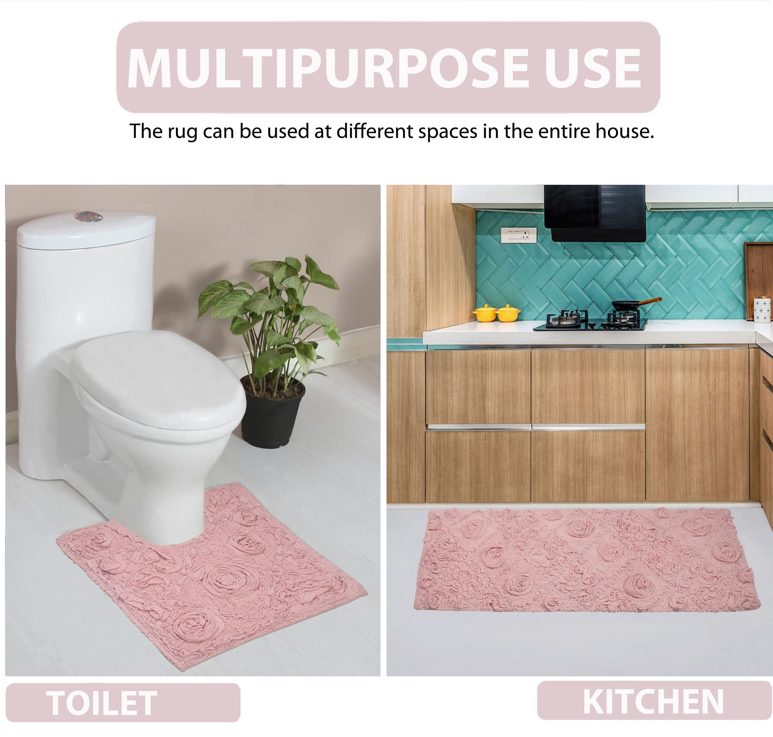 Premium 100% Cotton Bath Rug Set - Ultra Soft, Absorbent & Washable Non-Slip Bathroom Mats - 3-Piece Contour Design for Bathroom & Kitchen Floor - Perfect for Home, Apartment, Spa & Guest Bathroom Use (Pink)