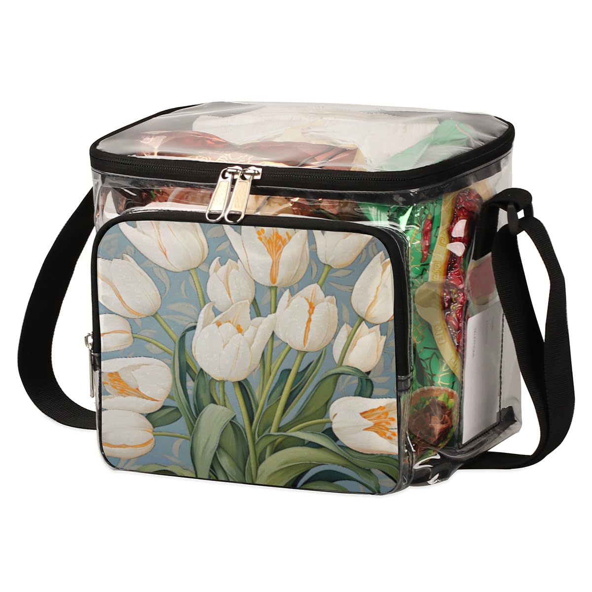 GzLeyigou White Tulips Clear Tote Bag with Handles - Floral Transparent Crossbody Shoulder Bag for Women - Perfect for Outdoor, Travel, Picnic, Concerts & Sports Events (Stadium Approved) - Lunch Bag, Beach Essentials & Shopping Companion