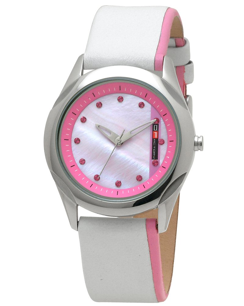 DFactory Women's DFI019XPW White Label Pink & Mother of Pearl Dial Leather Strap Watch - Elegant Fashion Accessory for Office, Party & Everyday Wear