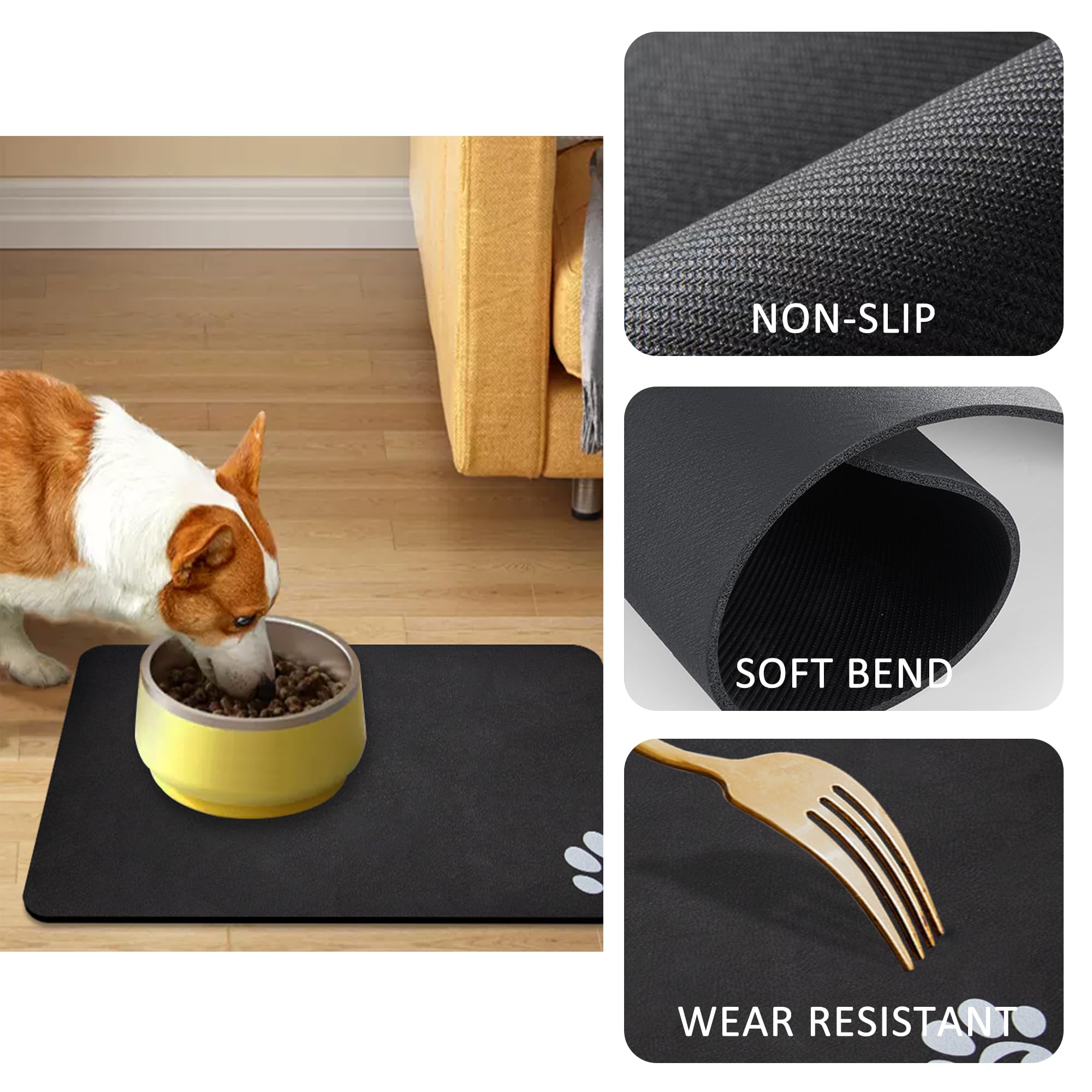 Non-Slip Super Absorbent Pet Feeding Mat for Cats & Dogs - 24x16.9 Inch Waterproof Food Bowl Mat with Footprint Design - Perfect for Messy Eaters, Spill Protection & Easy Cleanup - Ideal for Kitchen, Floor or Travel Use (Black)