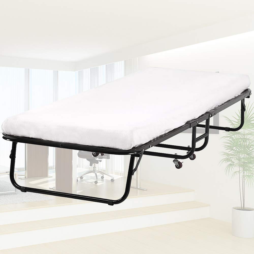 **DKELI Folding Camping Cot with Mattress - Heavy Duty 330Lbs Capacity, Portable Twin Size Rollaway Bed on Wheels for Adults & Kids - Perfect for Camping, Guest Rooms, and Emergency Use (White)**