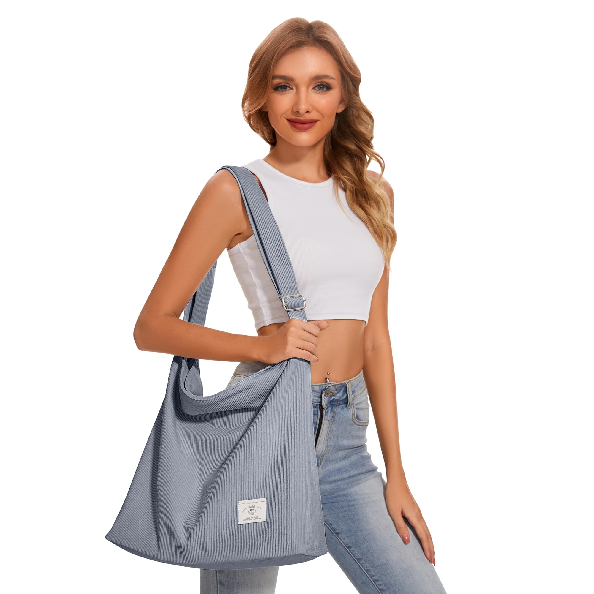 KALIDI Women's Thickened Corduroy Tote Bag with Zipper - Waterproof Shoulder Bag with Multiple Pockets, Adjustable Crossbody Strap - Perfect for School, College, Work & Travel