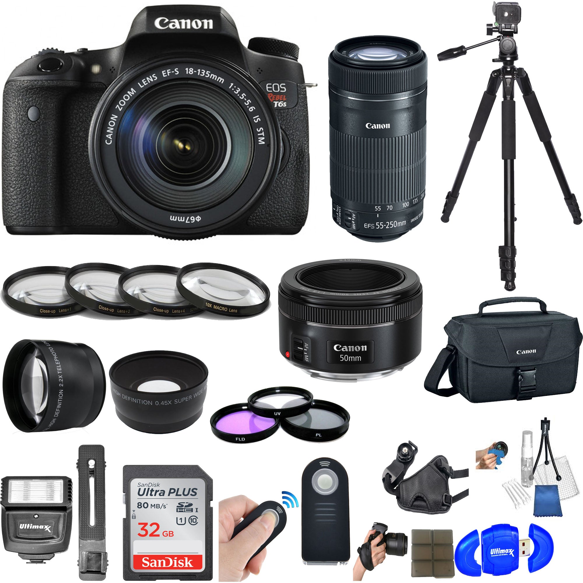Canon EOS Rebel T6s DSLR Camera Bundle with 18-135mm Lens, 55-250mm Lens & 50mm Lens + Accessories Kit - Perfect for Photography Enthusiasts, Travel & Portrait Shooting