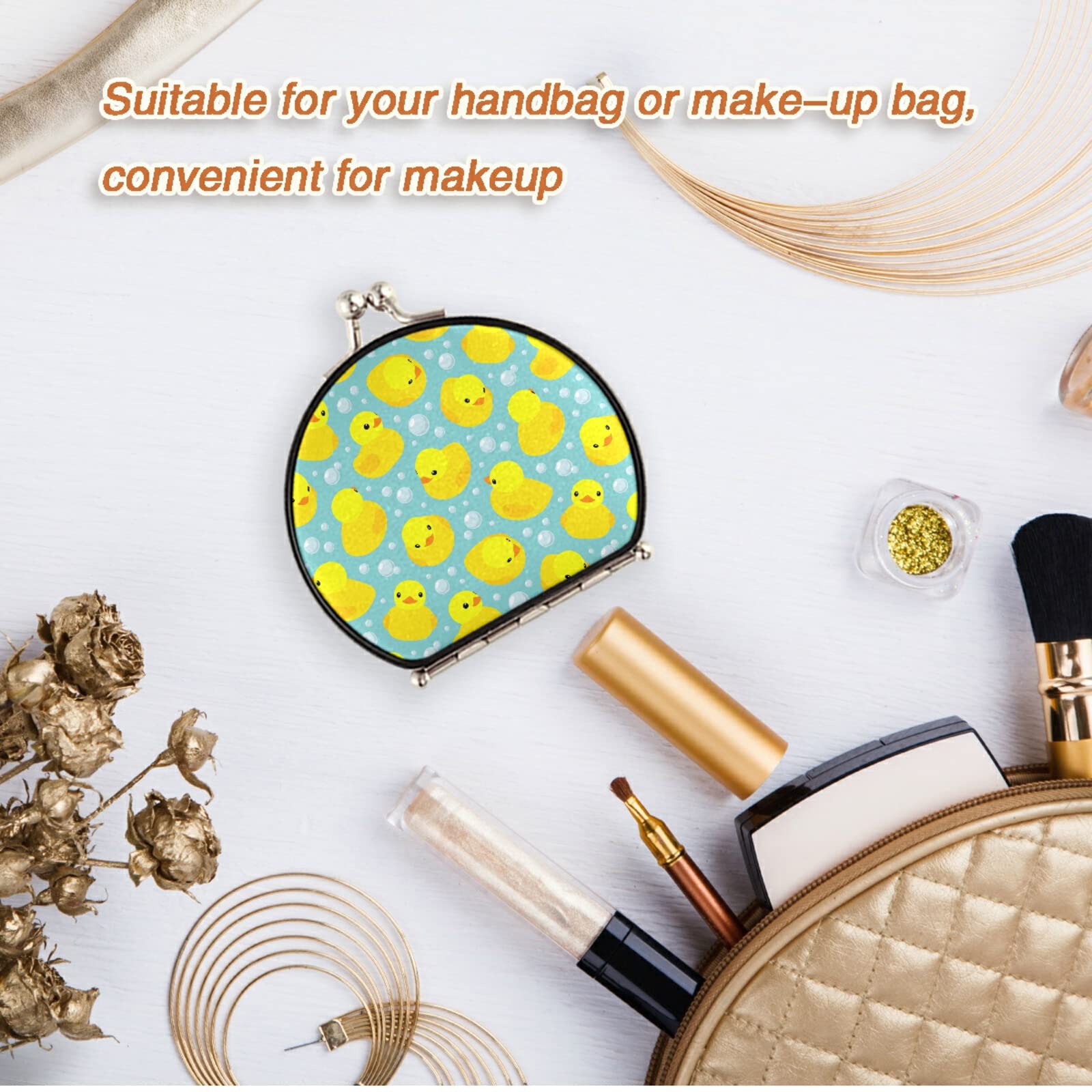 Yellow Rubber Ducks Bubbles Seamless Pattern Compact Makeup Mirror - Dual-Sided Cosmetic Mirror with 1x & 2x Magnification, Foldable Buckle Design for Travel & Home Use | Perfect for Makeup Application, Travel Essentials & Vanity Organization
