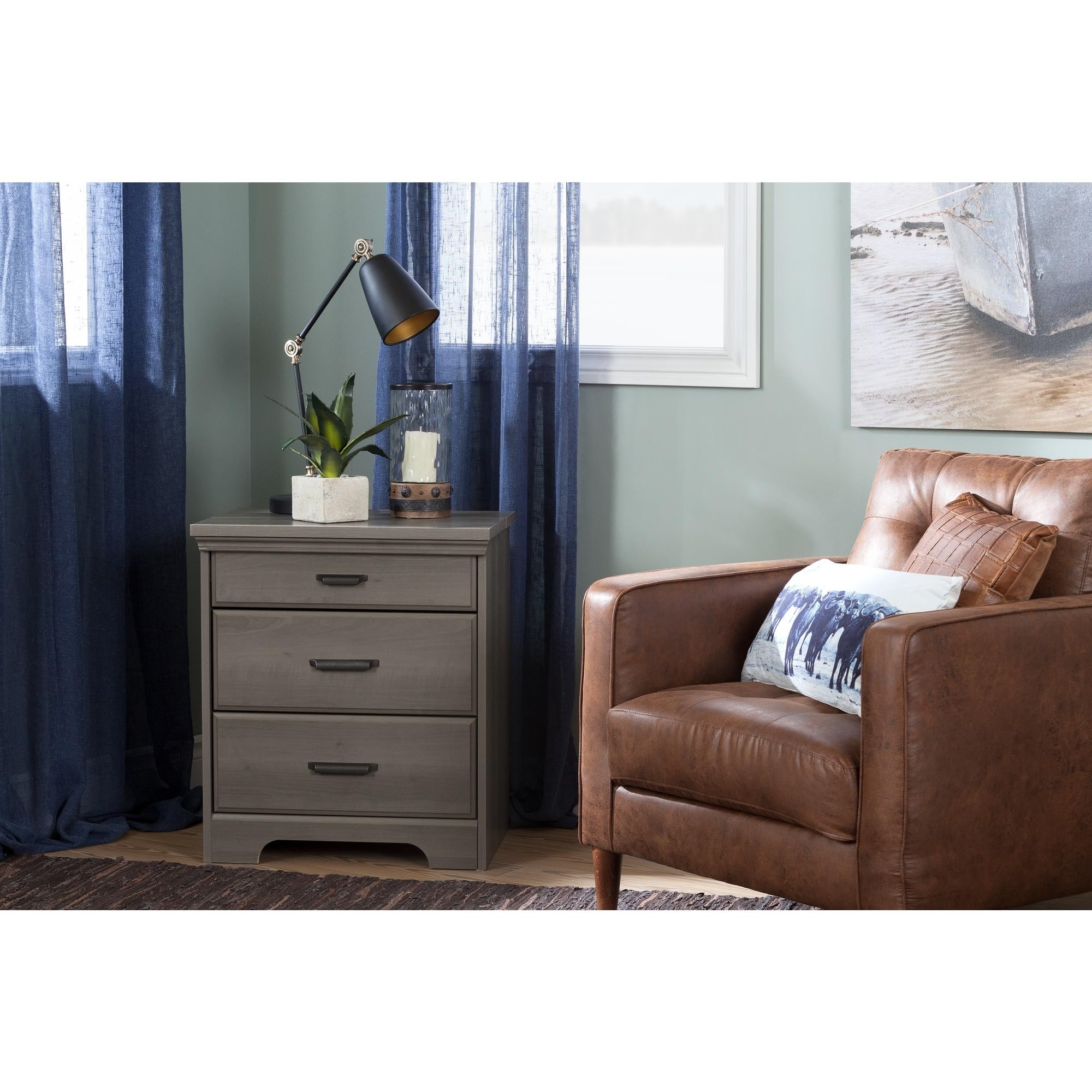 South Shore Versa Nightstand with 2 Drawers & USB Charging Station - Gray Maple Finish, 16.38