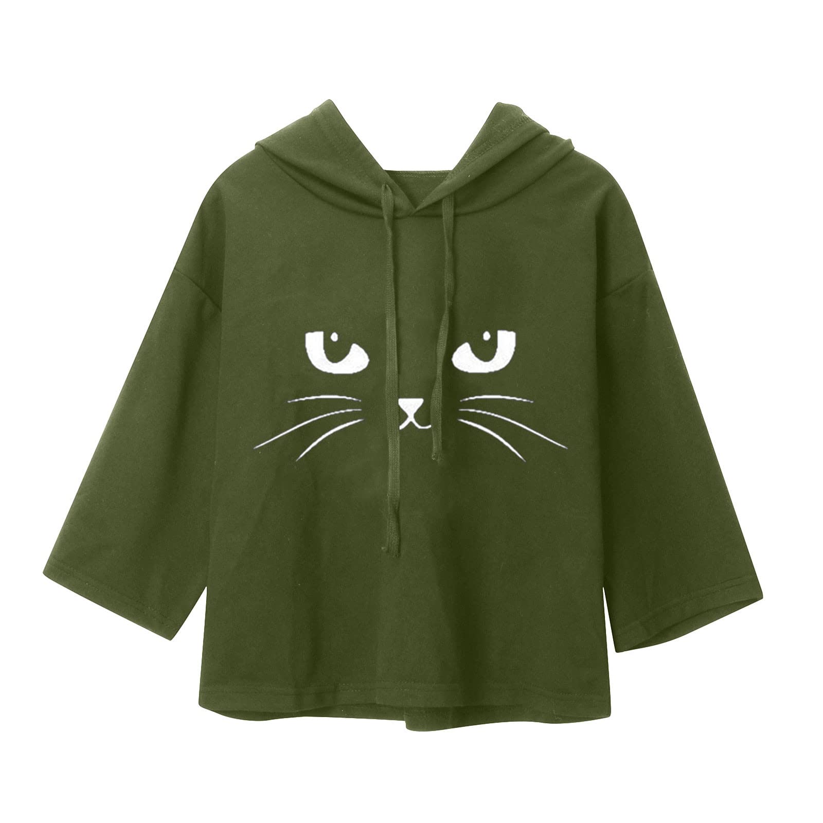 Women's Casual Print Ear Crop Cat Hooded Sweater - Summer Short Sleeve Pullover Top for Streetwear, Lounge & Outdoor Activities