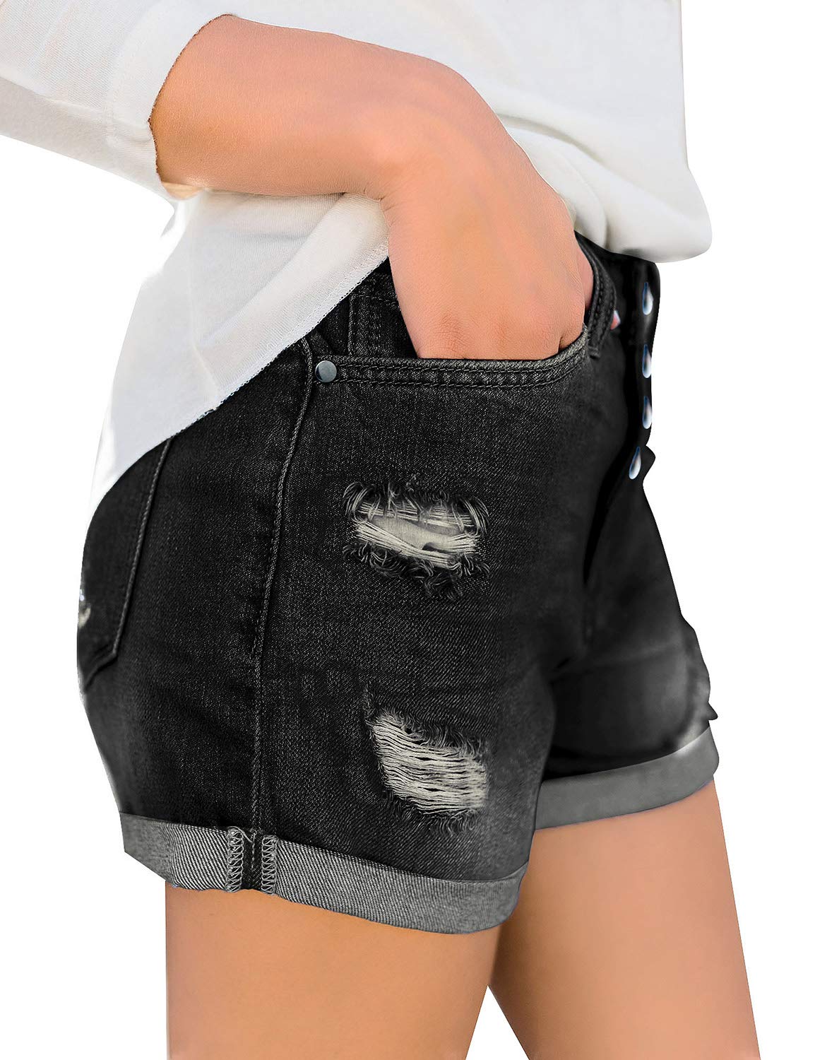 Luvamia Women's Ripped High Waisted Stretchy Denim Shorts with Cuffed Hem - Trendy Distressed Jean Shorts for Summer Outfits, Beach Vacations & Casual Street Style