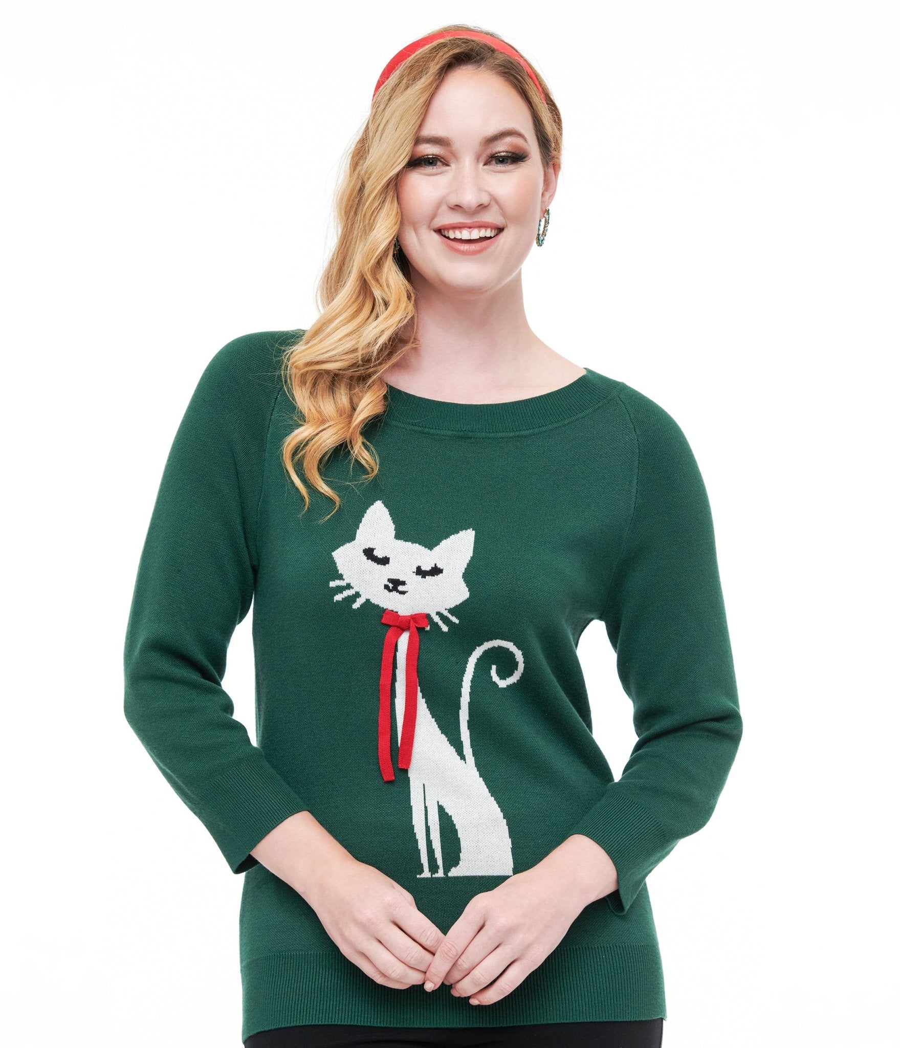 Vintage 1960s Forest Green & Cream Cat Lorelai Sweater - Retro Knit Pullover for Women - Perfect for Fall Fashion, Halloween Costumes & Cozy Winter Outfits