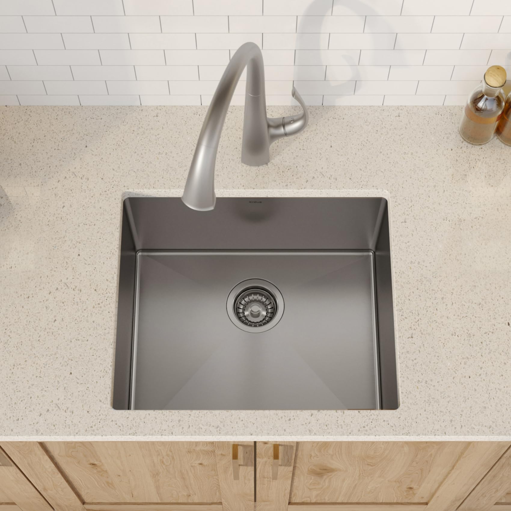 Kraus KHU101-21 Professional 16 Gauge Undermount Single Bowl Kitchen Sink Set (4-Piece Bundle: Stainless Steel Sink, Bottom Grid, Drain Assembly, Kitchen Towel) - 21 Inch, Perfect for Modern Kitchens & Home Renovations