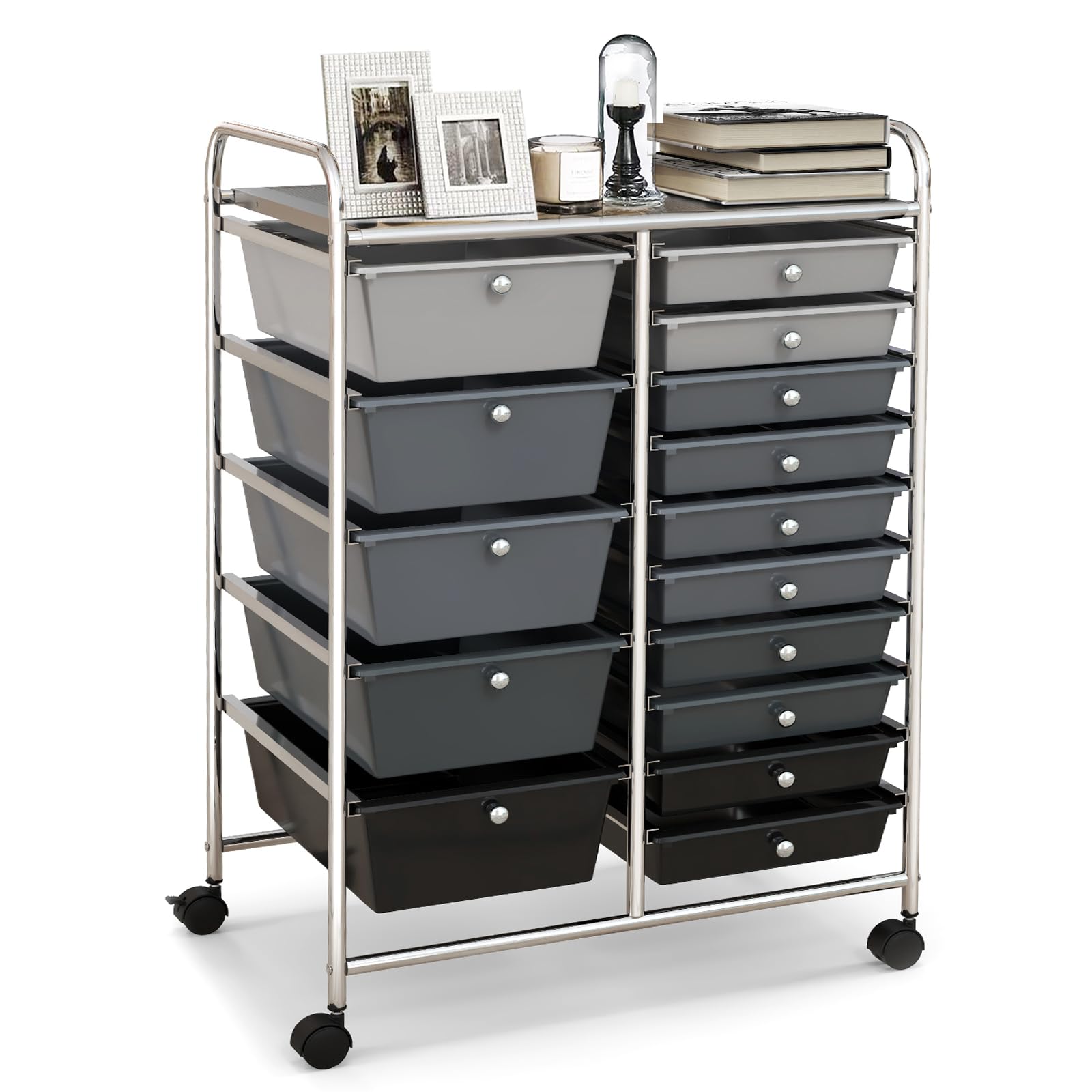 15-Drawer Rolling Storage Cart with Lockable Wheels - Multipurpose Craft Organizer for Tools, Arts, Scrapbooking & Office Supplies - Perfect for Home, Office & School Use (Black)