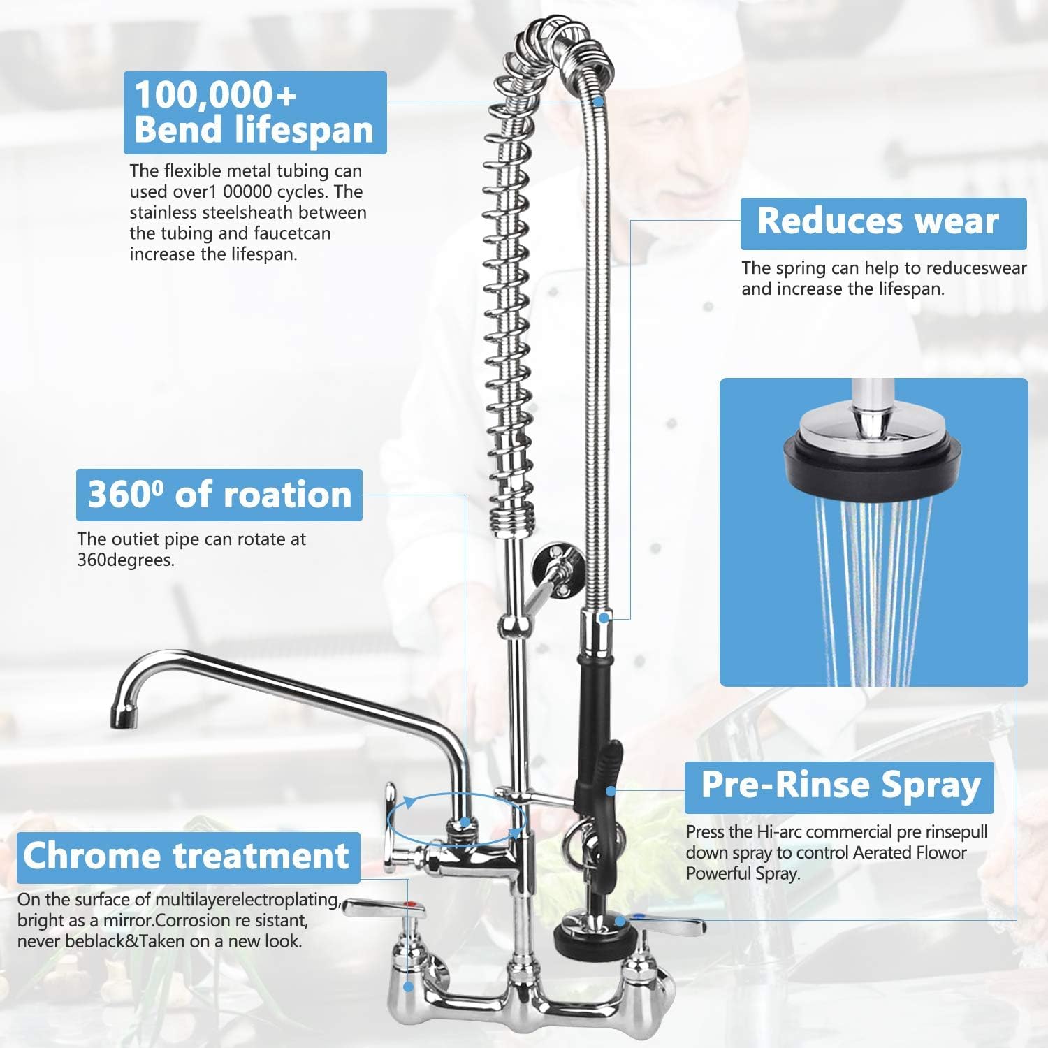 DYVIAHOME 8 Inch Commercial Kitchen Faucet - Wall Mount Sink Faucet with Pull Down Pre-Rinse Sprayer, 12