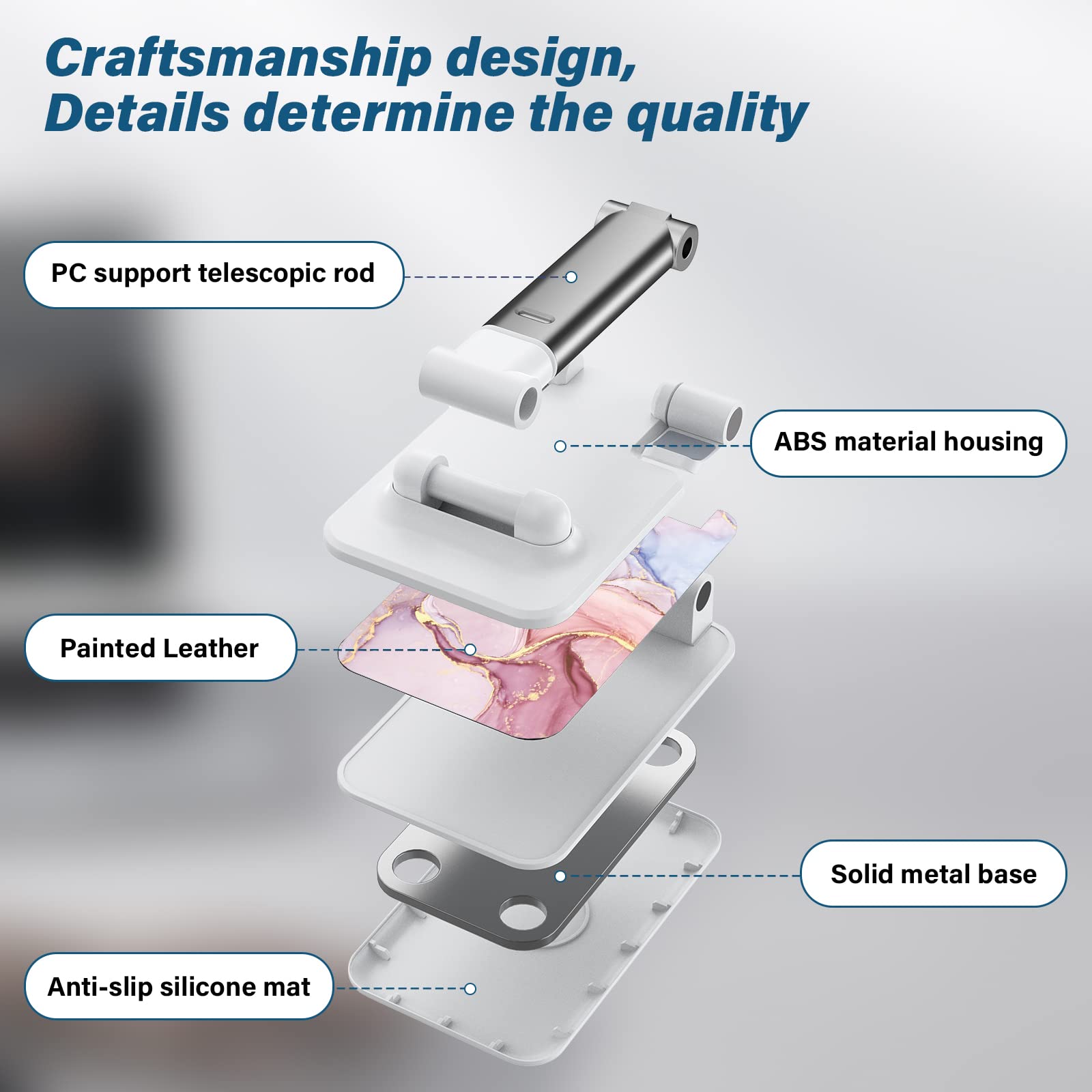 Adjustable Foldable Phone Stand for Desk - Multi-Angle View Phone Holder for iPhone, Samsung, iPad & Smartphones - Pink Marble Design - Perfect for Office, Home, Video Calls & Hands-Free Watching