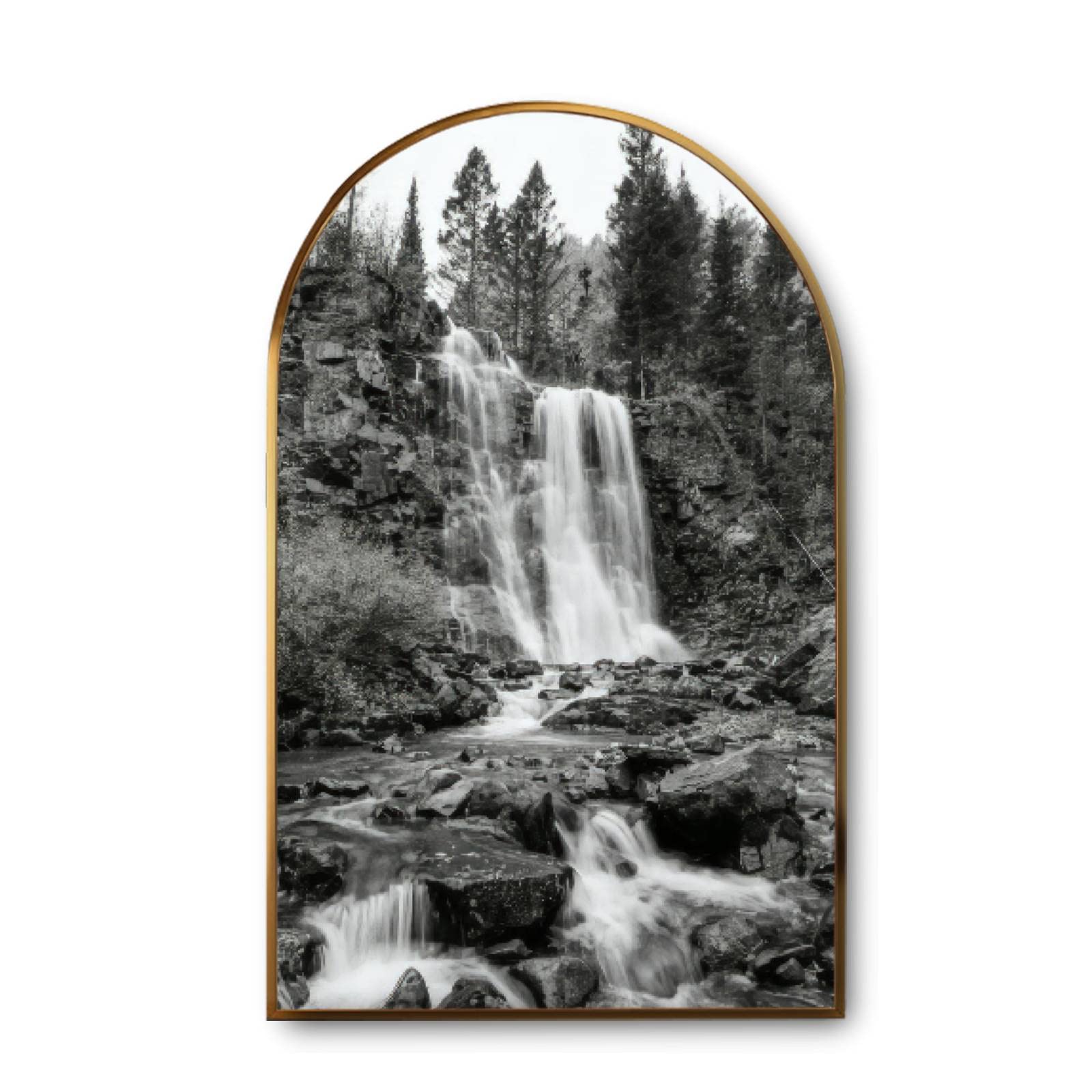 PEYQULTXNE Black and White Arch Waterfall Among Aspen Trees Canvas Wall Art - Modern Giclee Print with Golden Frame, Ready to Hang Home Decor for Living Room, Bedroom & Office