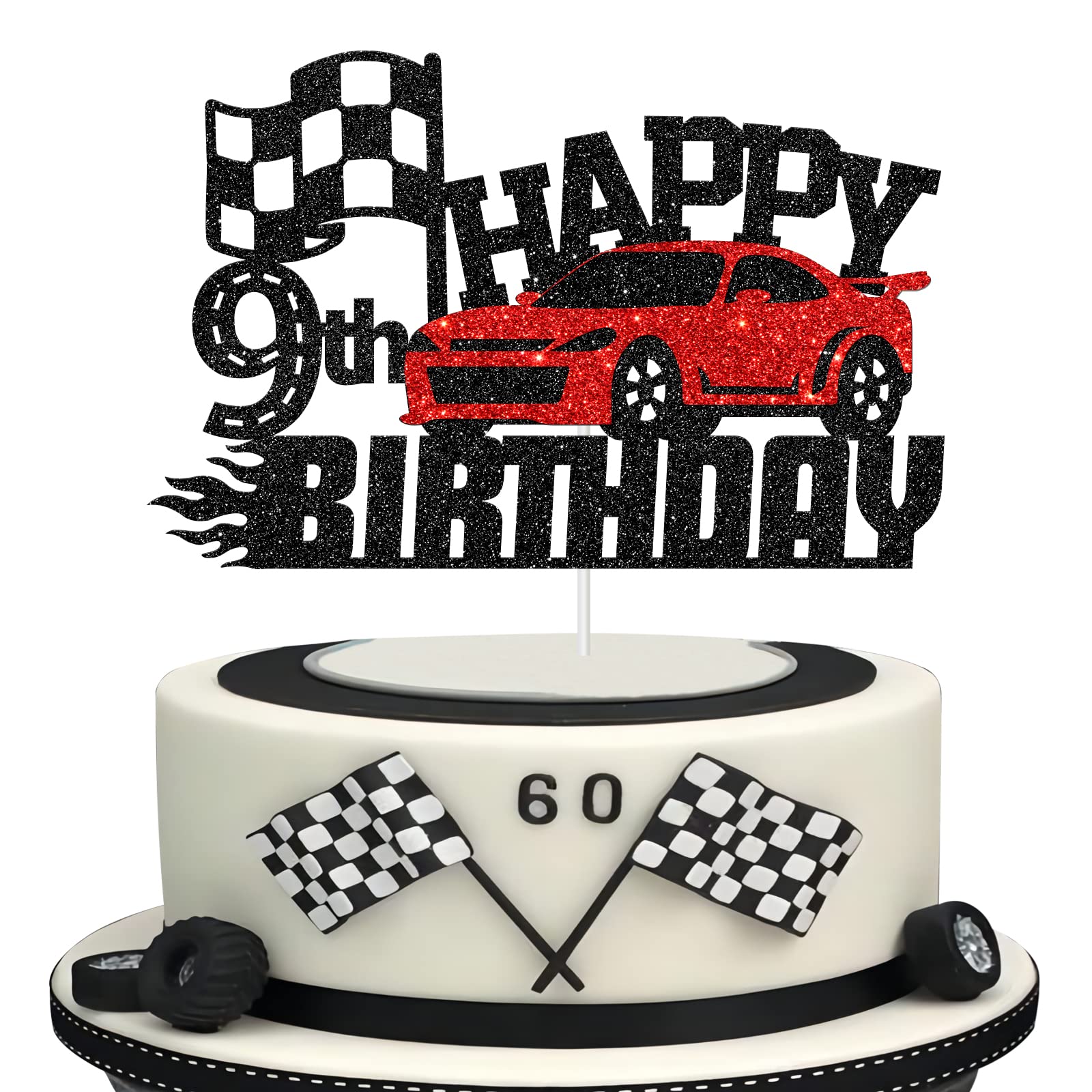 Race Car Happy 9th Birthday Cake Topper - Car Theme Cake Decor for Boys & Girls - Kids Birthday Party Supplies for 9 Year Olds - Perfect for Birthday Cakes, Cupcakes, and Party Desserts