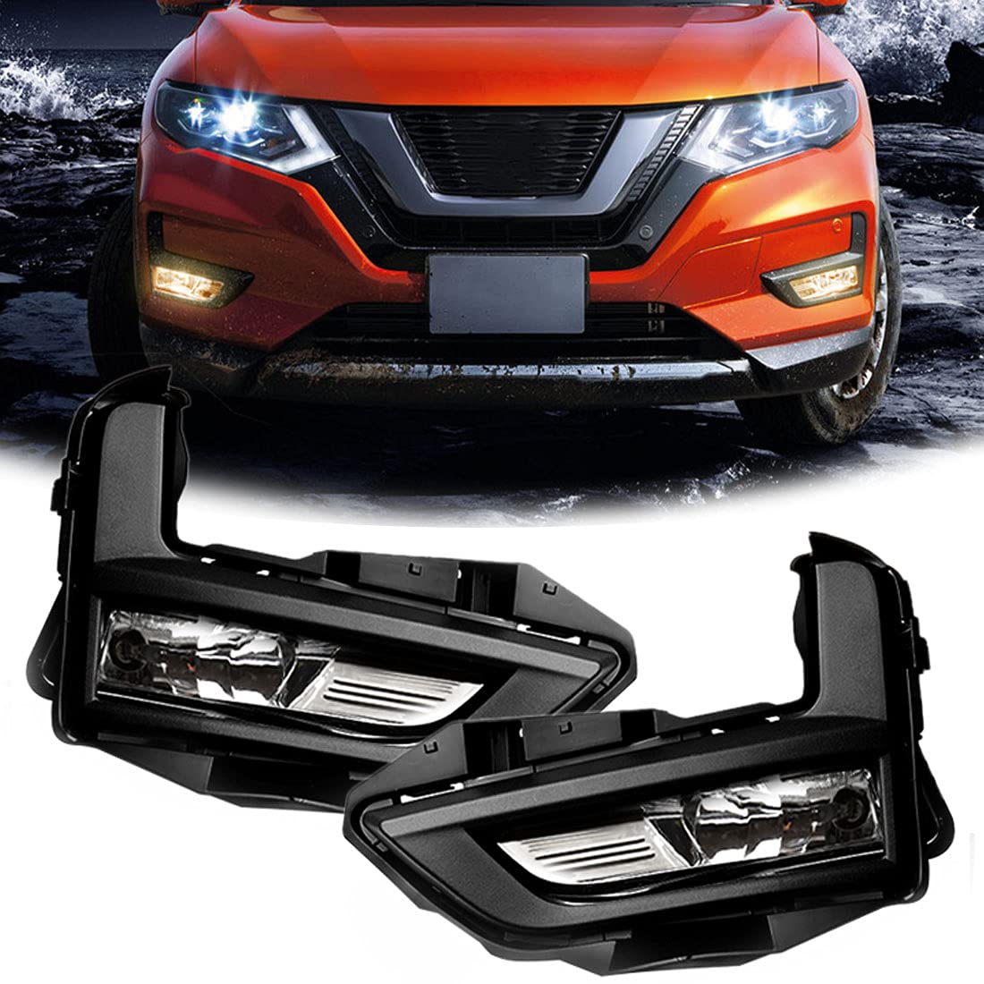 VGETTING Replacement Fog Light Kit for Nissan Rogue/X-Trail 2017-2020 - Halogen Fog Lamps Assembly with Bezel, Switch & Wiring Harness - Compatible with Rogue S/SL/SV Models - Perfect for Night Driving and Off-Road Adventures