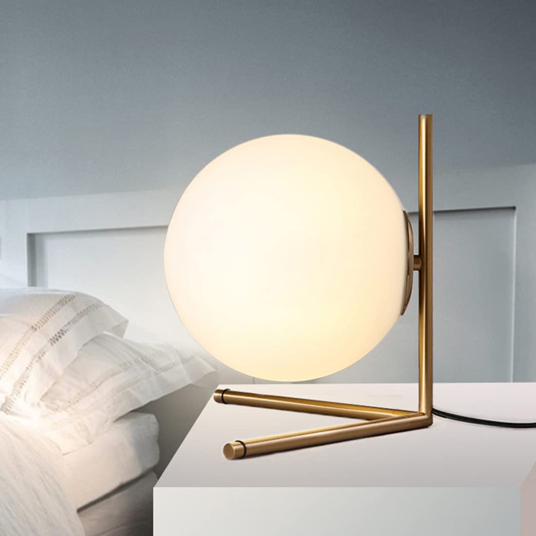 Gold Plug-in Table Lamp with White Glass Orb - Modern Desk Light for Bedroom, Living Room, Office & Study | Perfect for Nightstand, Reading & Workspace Lighting