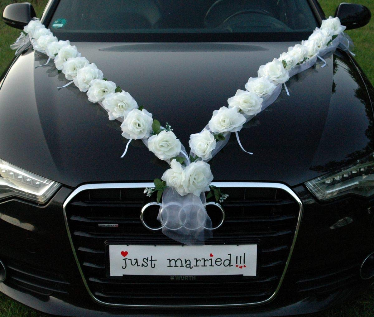 White Rose Garland Car Decoration - Elegant Floral Car Accessory for Weddings, Bridal Showers & Special Events | Perfect for Vehicle Decorations