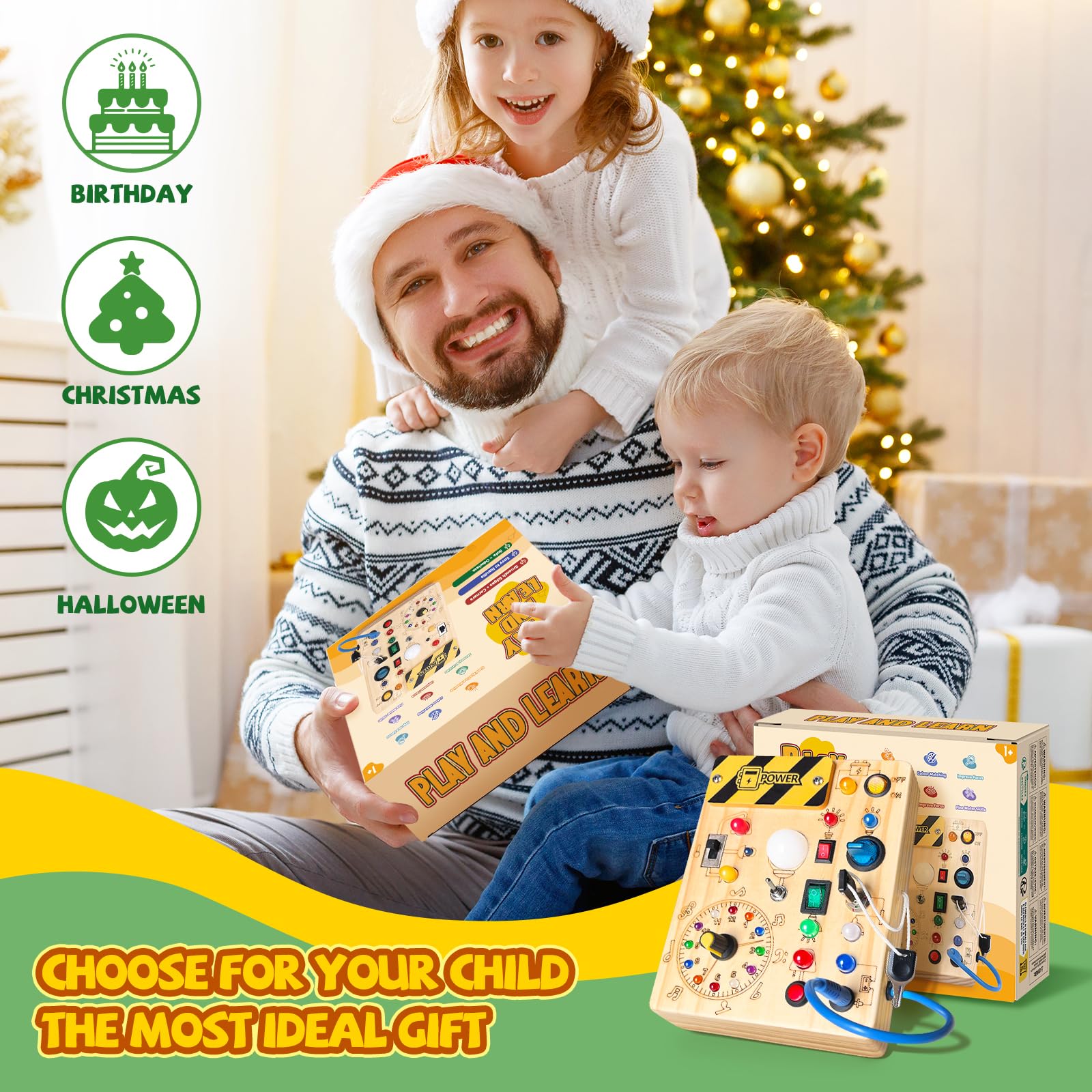 Montessori Busy Board for Toddlers 1-3 Years - Wooden Sensory Travel Toy, Educational Learning Activity Board - Perfect Gift for 1+ Year Old Boys & Girls (Busy Board Plus V2, Medium, Yellow) - Ideal for Airplane Travel, Car Rides & Home Playtime