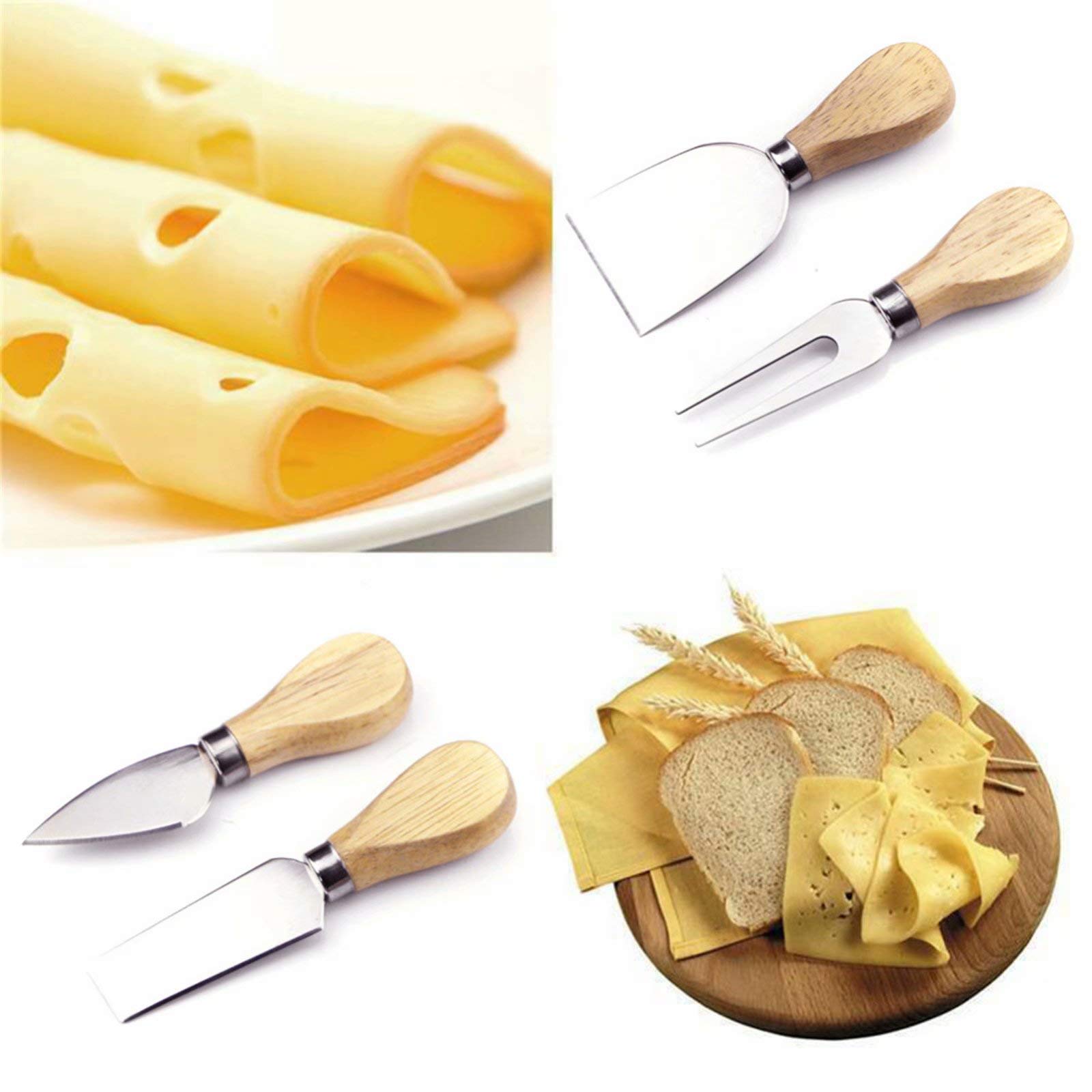 4-Piece Stainless Steel Cheese Knife Set with Bamboo Handle - Perfect for Soft & Hard Cheeses, Charcuterie Boards, Pizza, Cakes - Ideal Gift Set for Cheese Lovers & Entertaining