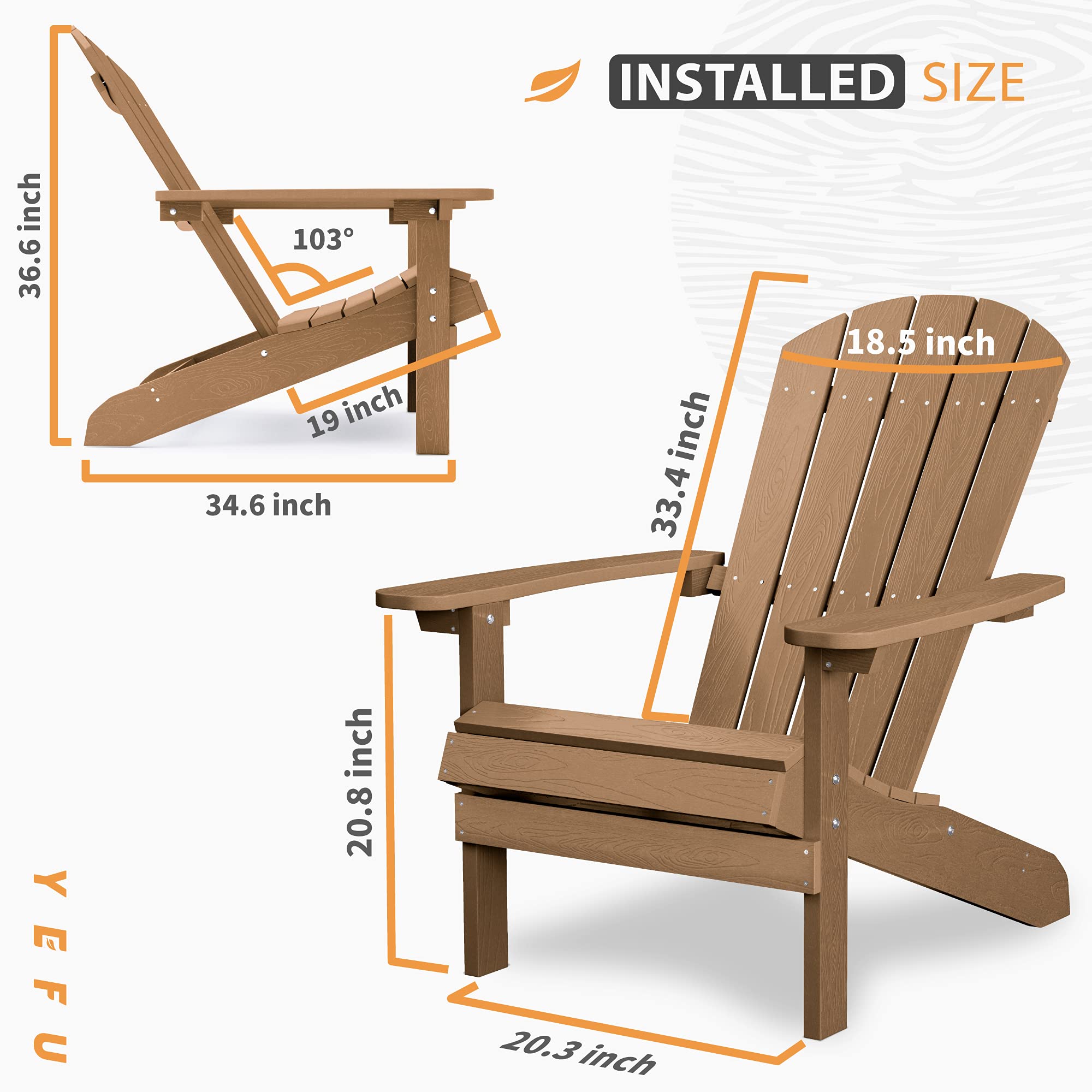 YEFU 2-Piece Adirondack Chair Set - Durable HIPS Plastic Outdoor Chairs with Wood Grain Texture - Patio, Lawn, Deck, Garden, Fire Pit Seating for Adults (Teak Brown) - Perfect for Backyard Relaxation & Outdoor Gatherings