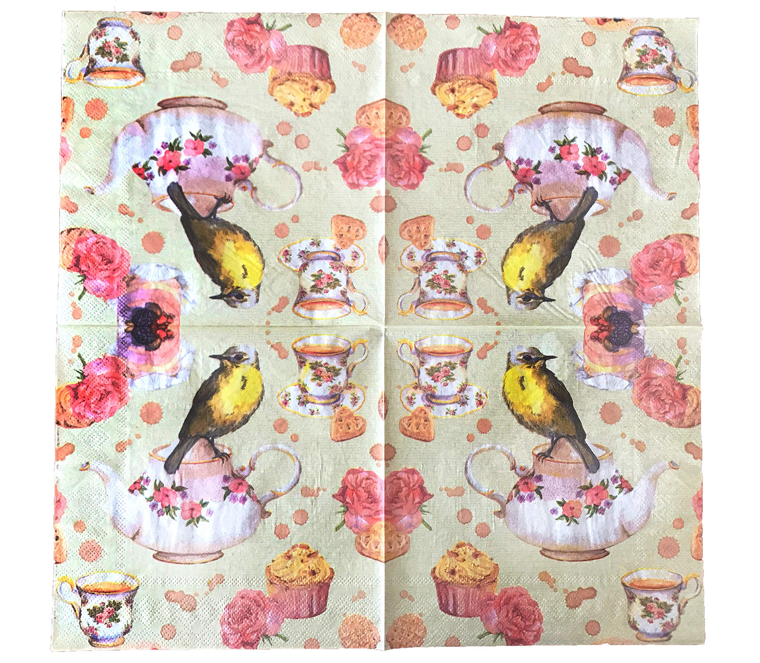 WallyE Floral Printed Decoupage Bird Paper Napkins - French Country Garden Inspired Tea Party Luncheon Napkins, 20 Pack - Perfect for Bridal Showers, Garden Parties & Afternoon Tea Events