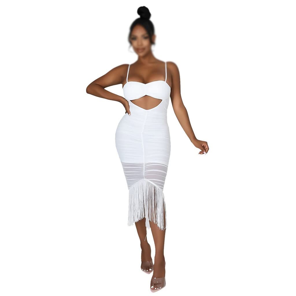Sexy Women's Sleeveless Fringe Sling Long Party Dress with Zipper - XXL (Black) | Clubwear, Night Out, Evening Gala, Prom & Special Occasion Outfit