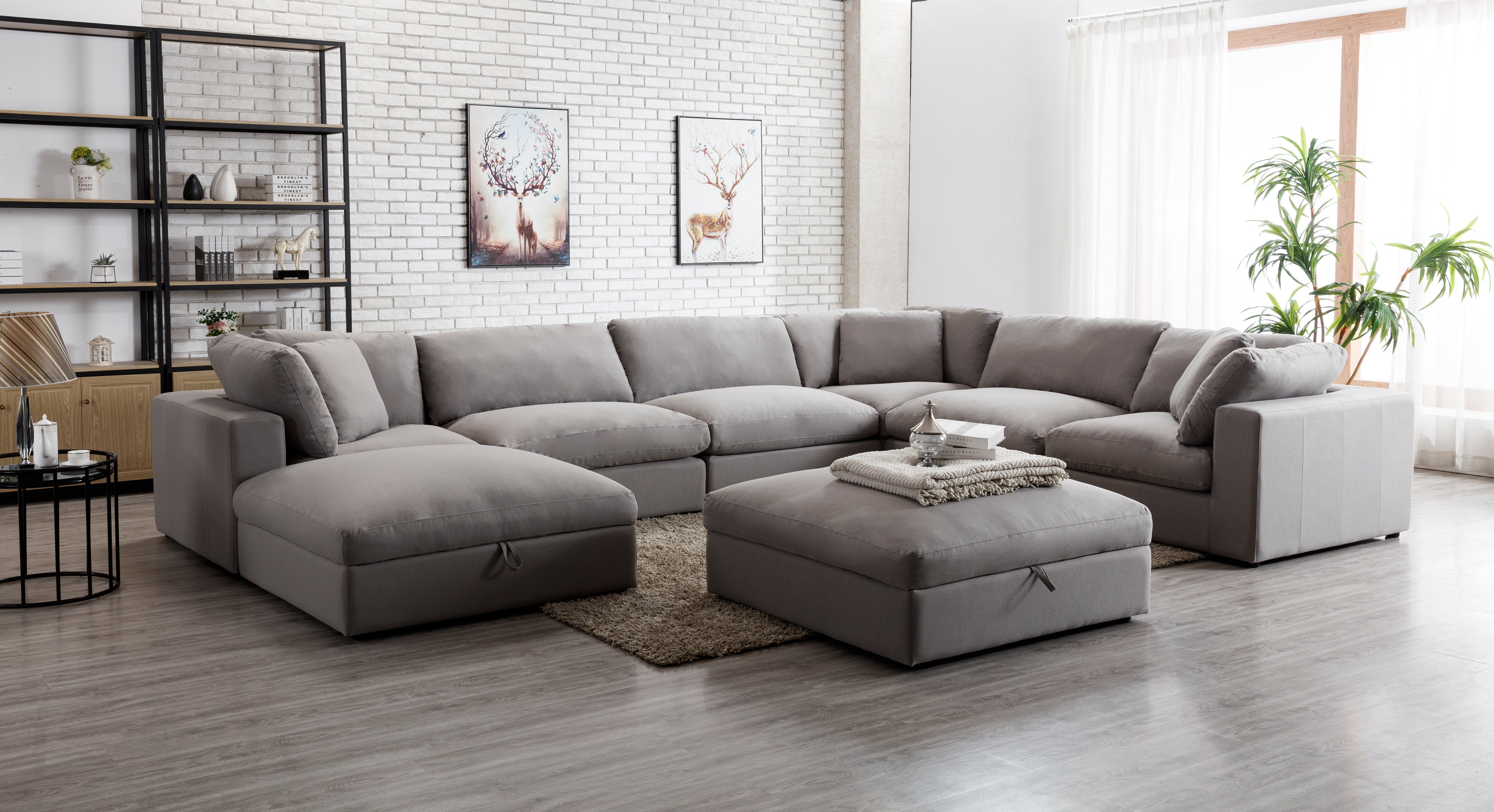 Rivas Contemporary Feather Fill 8-Piece Modular Sectional Sofa with 2 Ottomans in Graphite - Modern Living Room Furniture for Comfortable Lounging and Entertaining